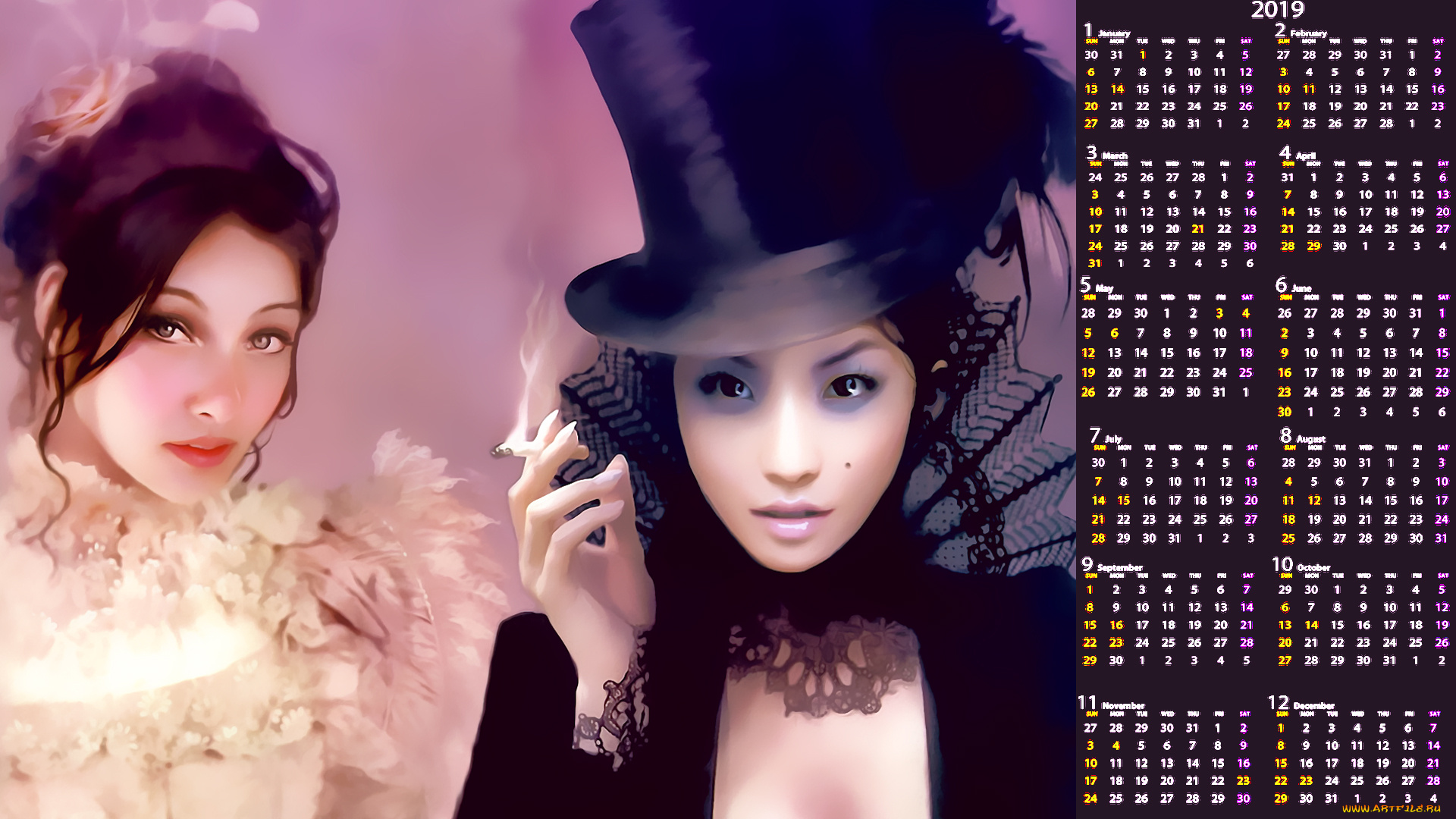 календари, фэнтези, женщина, взгляд, двое, шляпа, девушка, 2019, calendar