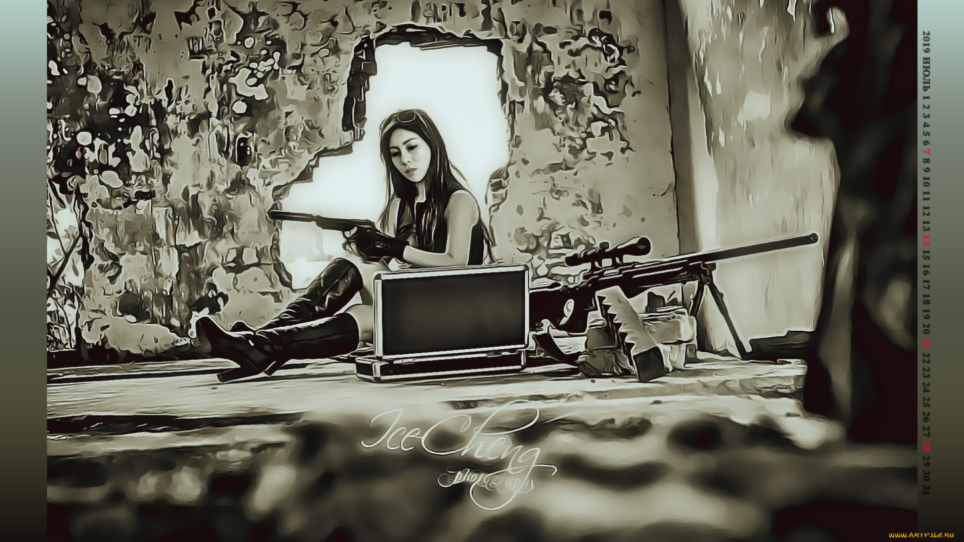 календари, компьютерный, дизайн, 2019, calendar, оружие, сидит, женщина, помещение, девушка, кейс