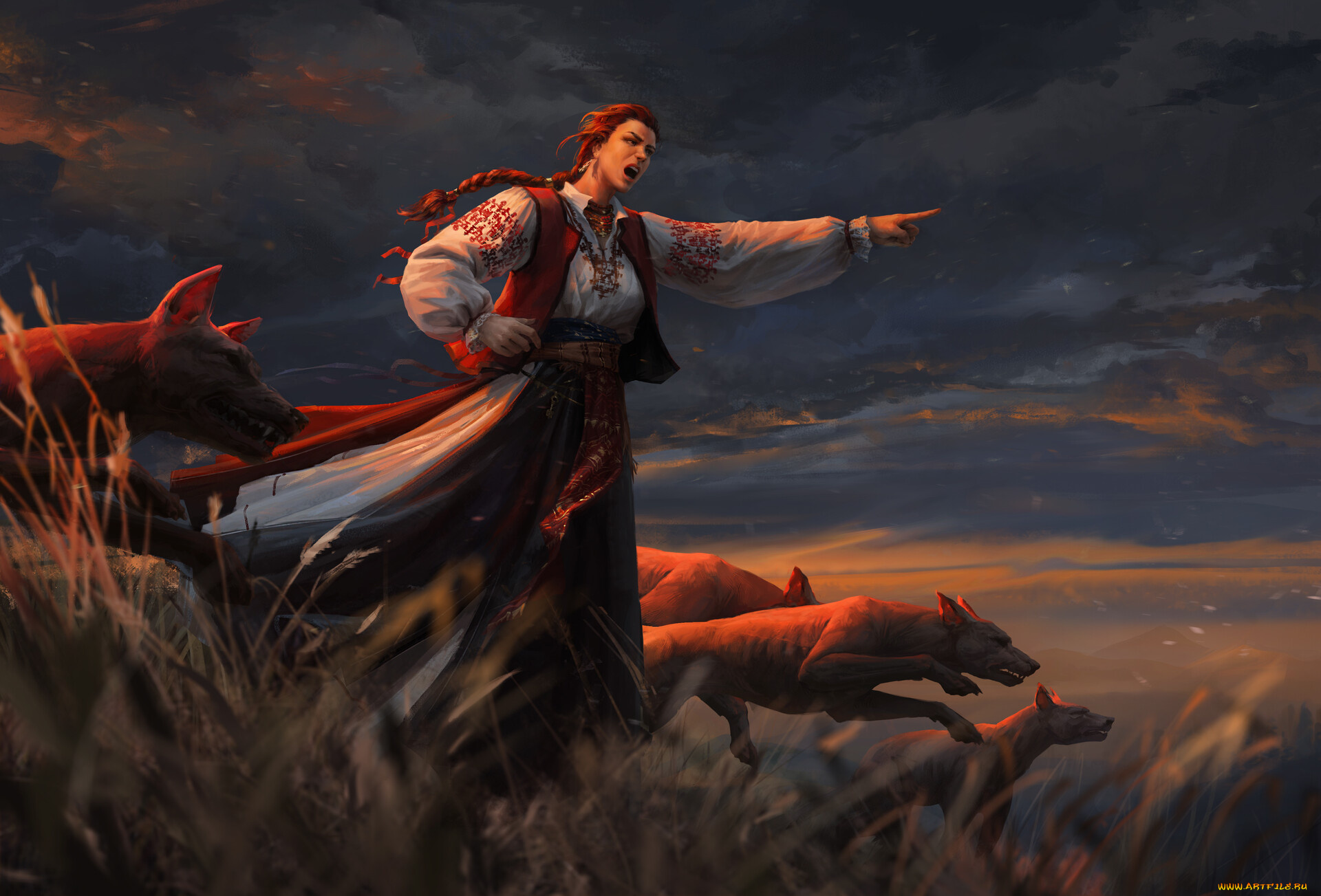 фэнтези, красавицы, и, чудовища, собаки, коса, девушка, приказ, трава, тучи, поле