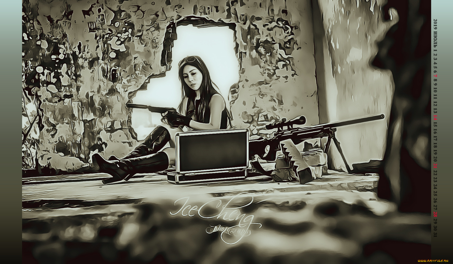 календари, компьютерный, дизайн, 2019, calendar, оружие, сидит, женщина, помещение, девушка, кейс