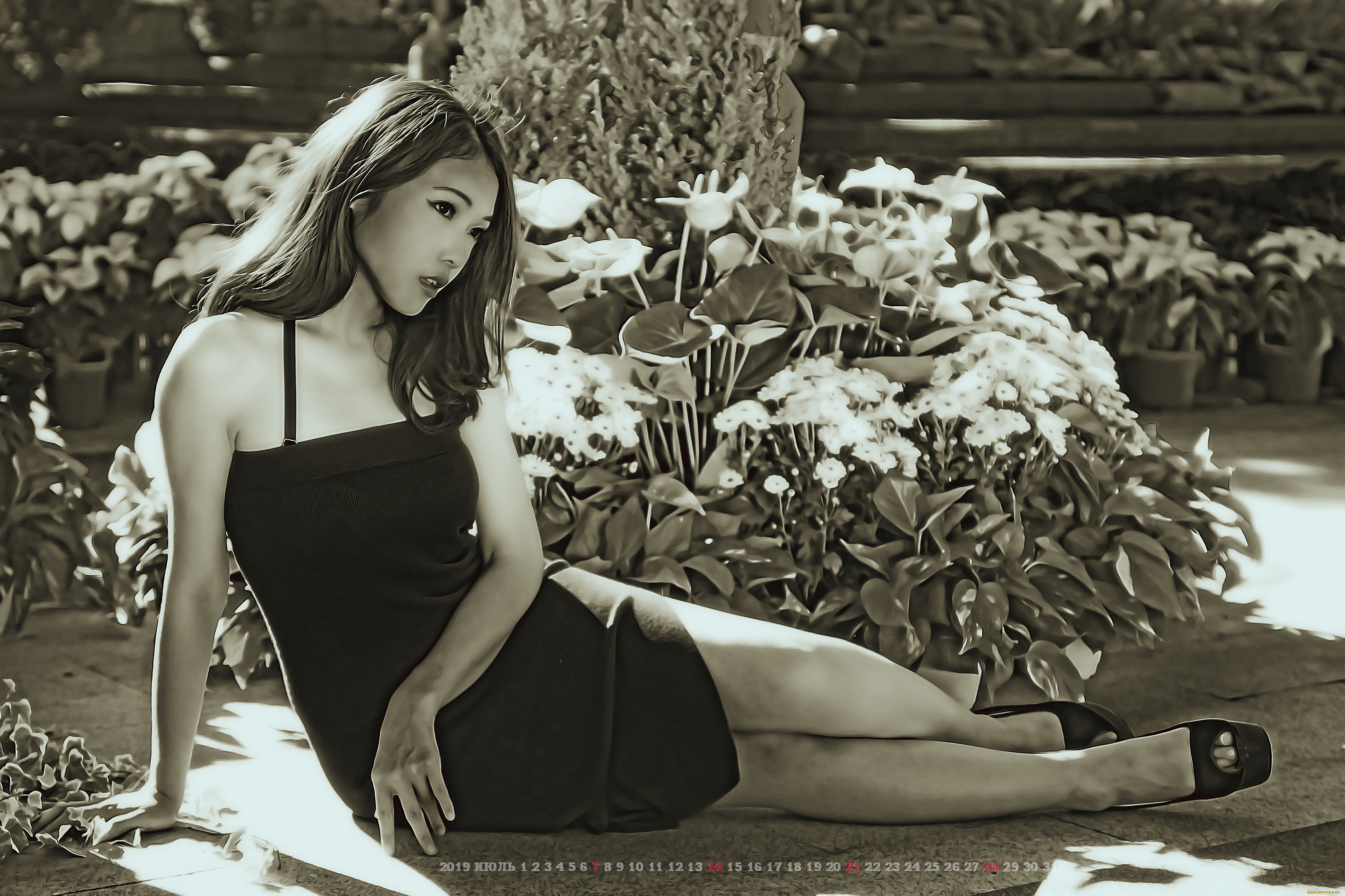 календари, компьютерный, дизайн, 2019, calendar, сидеть, женщина, цветы, девушка, азиатка
