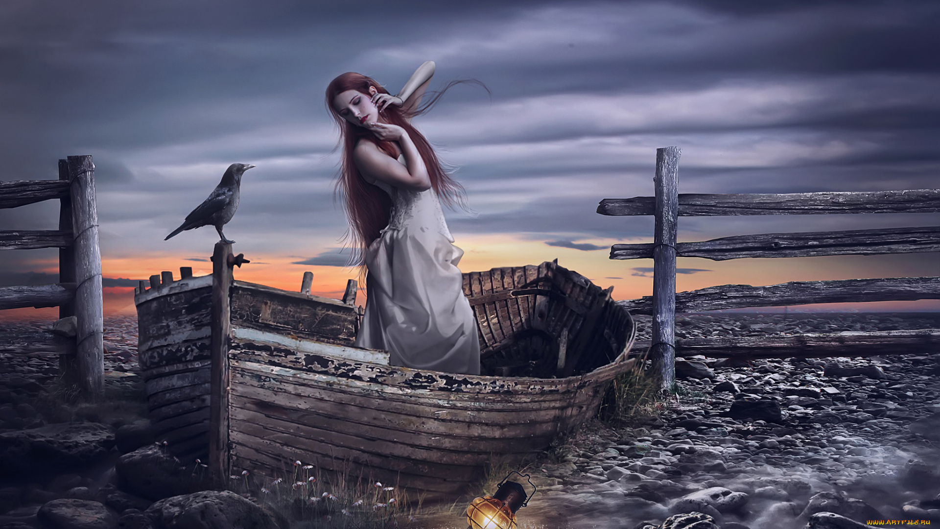 фэнтези, фотоарт, девушка, фон, лодка, ворон