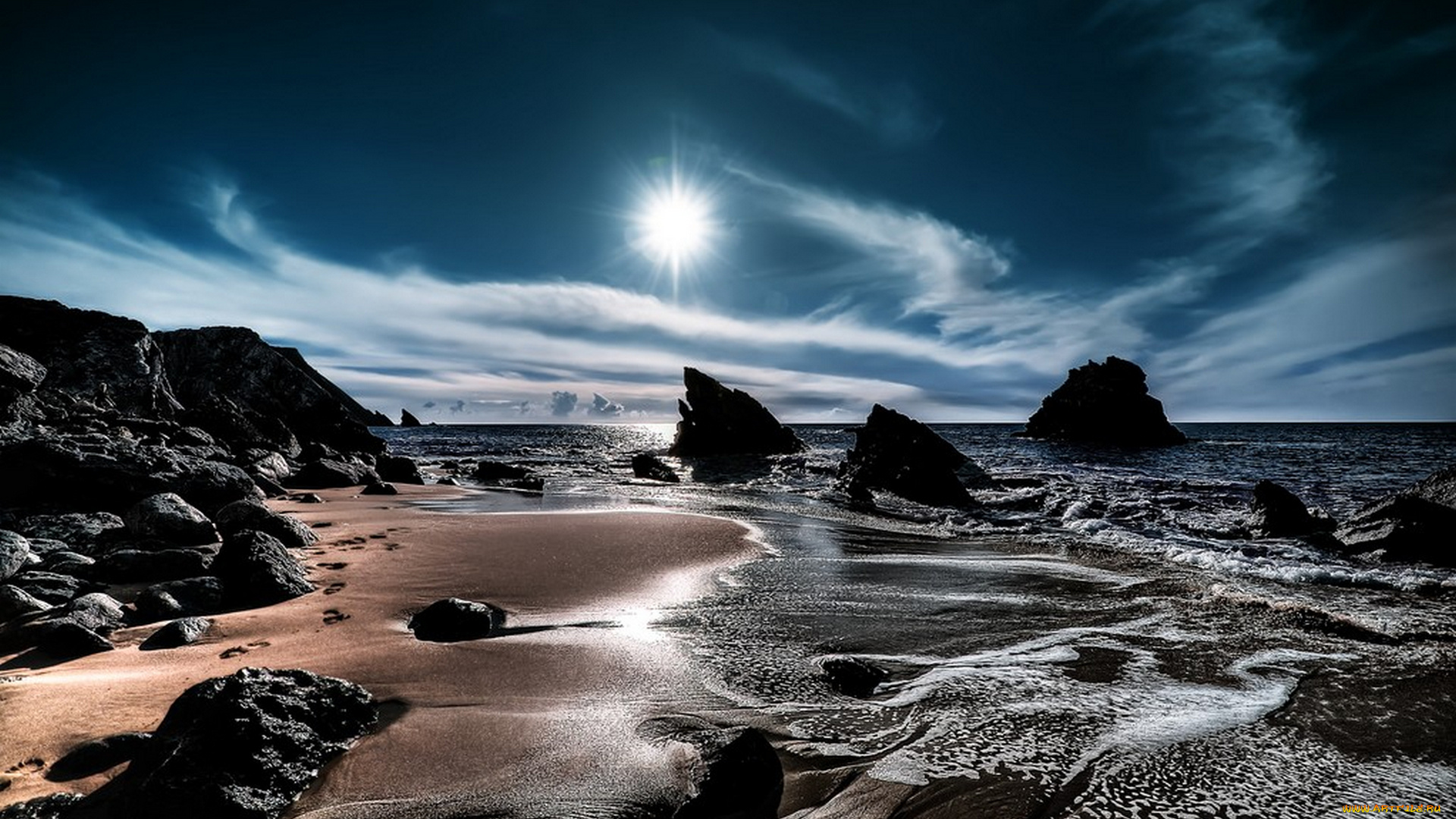 footprints, природа, восходы, закаты, волны, берег, солнце, камни, облака