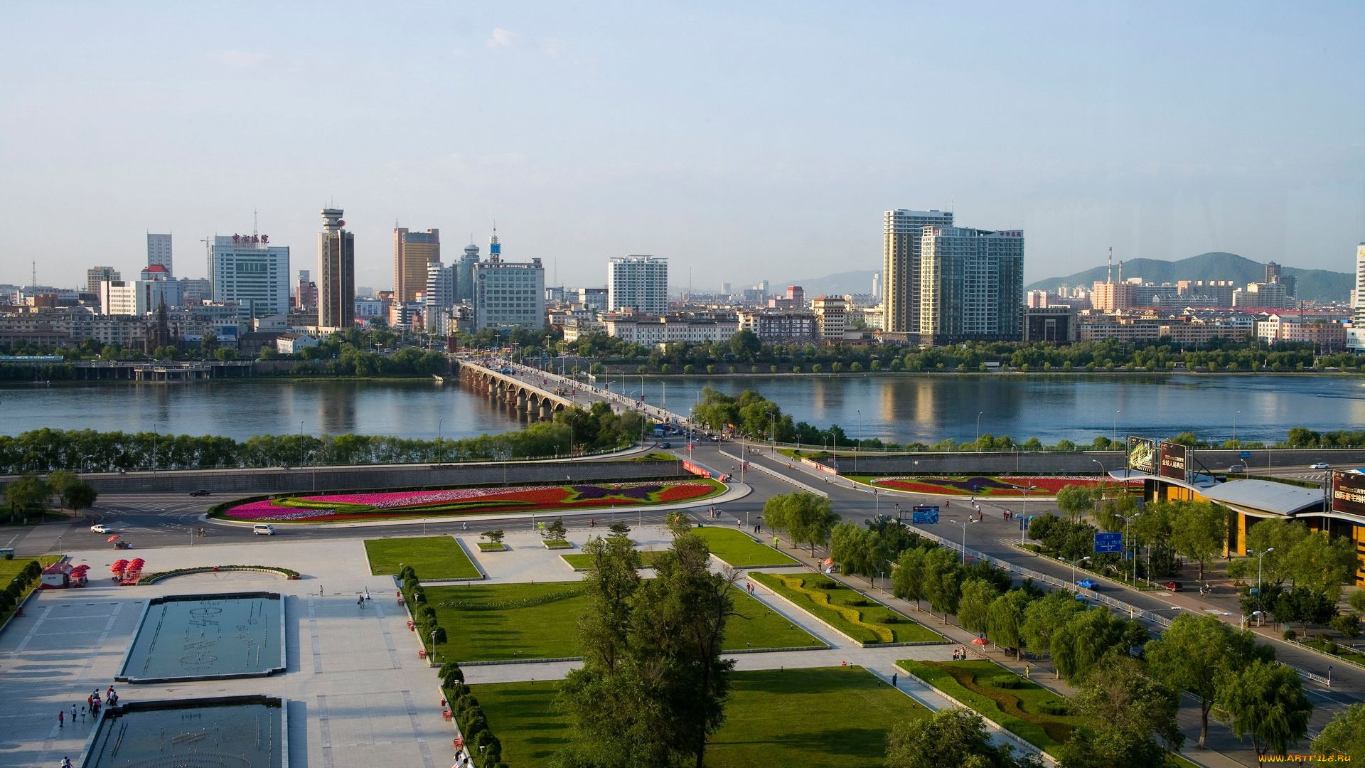 города, панорамы, дома, река, мост