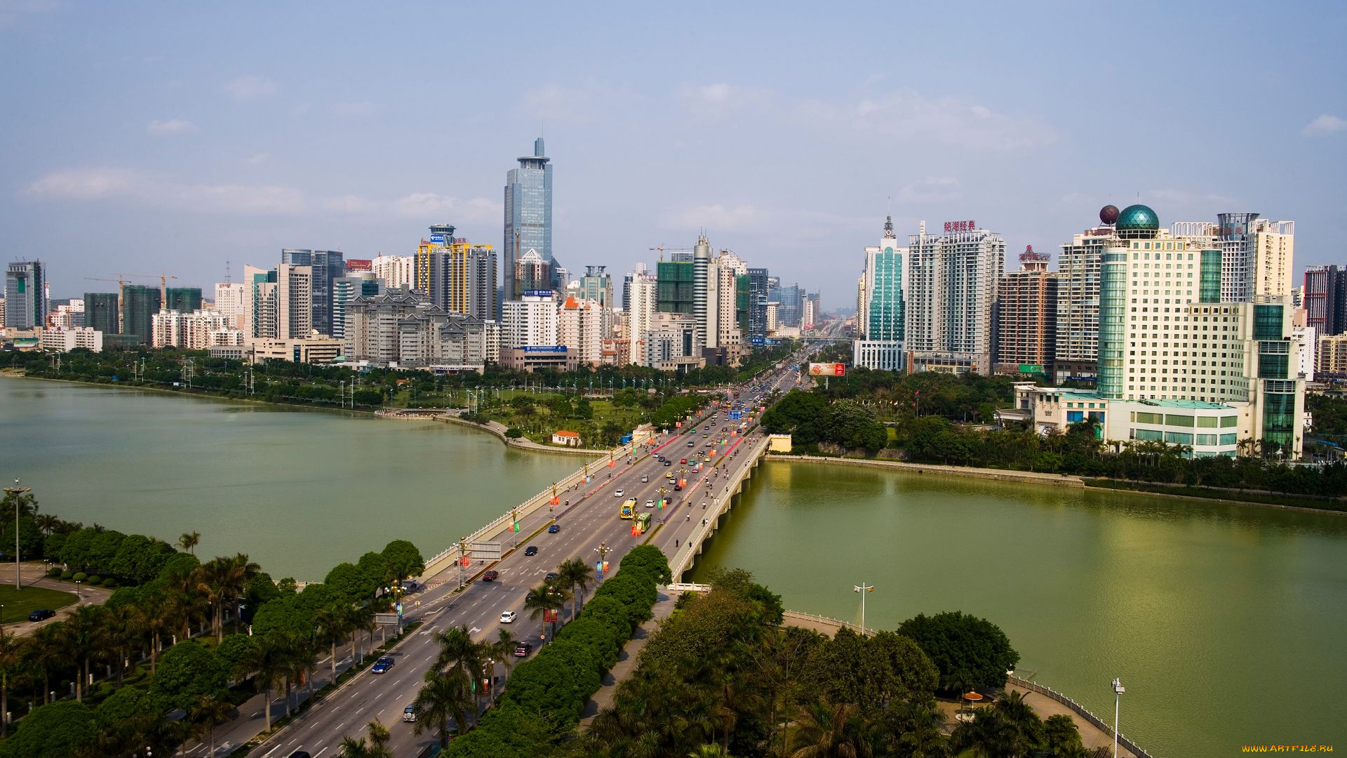 города, панорамы, река, дома, мост, nanning, china, наньнин, китай