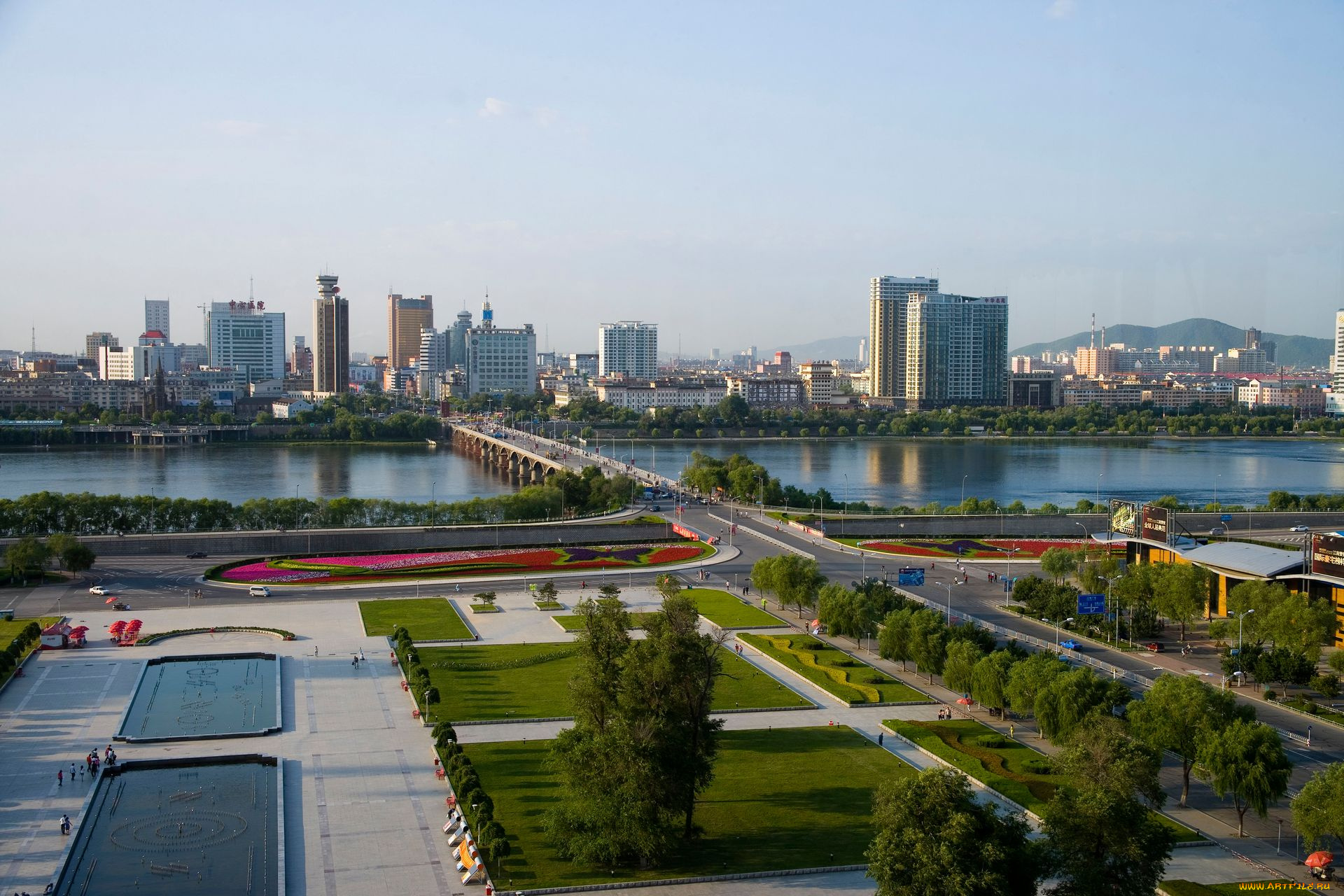 города, панорамы, дома, река, мост