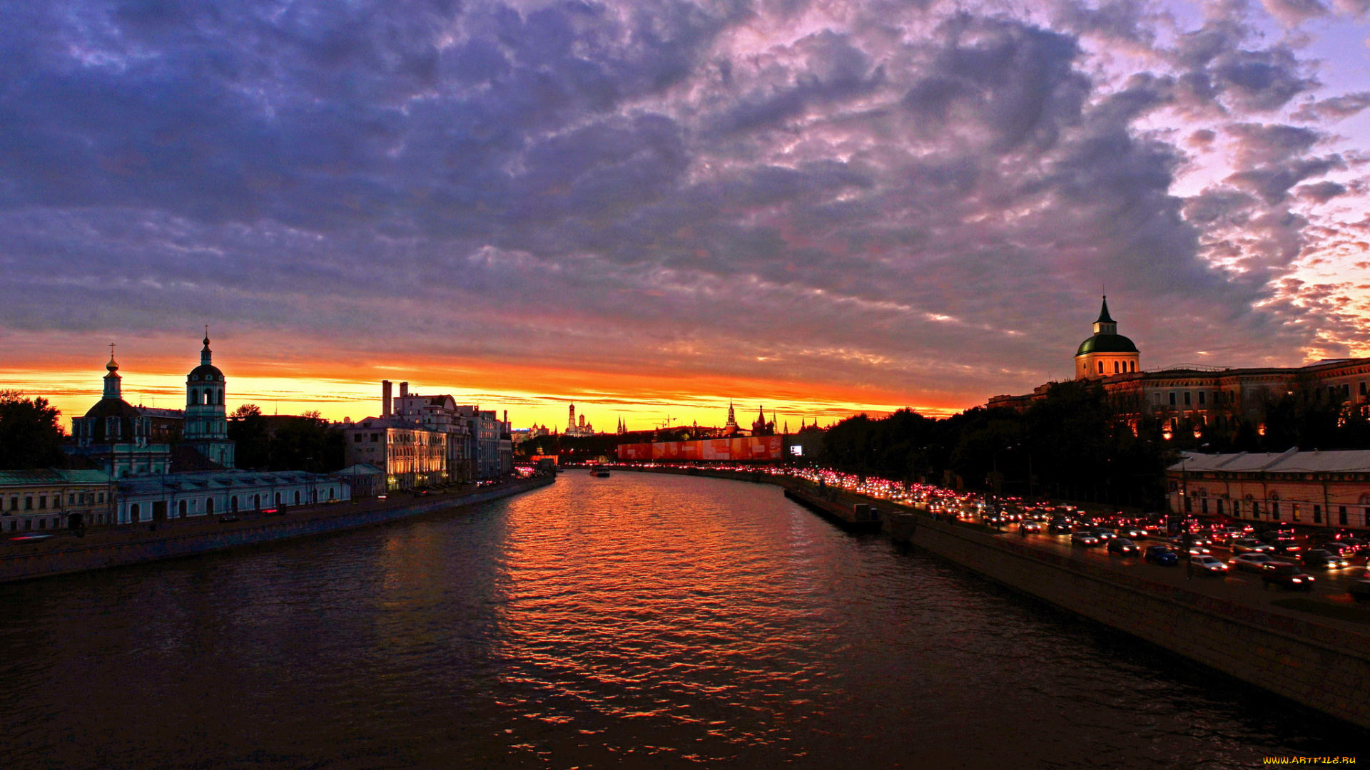 города, москва, россия, дома, сумерки, река