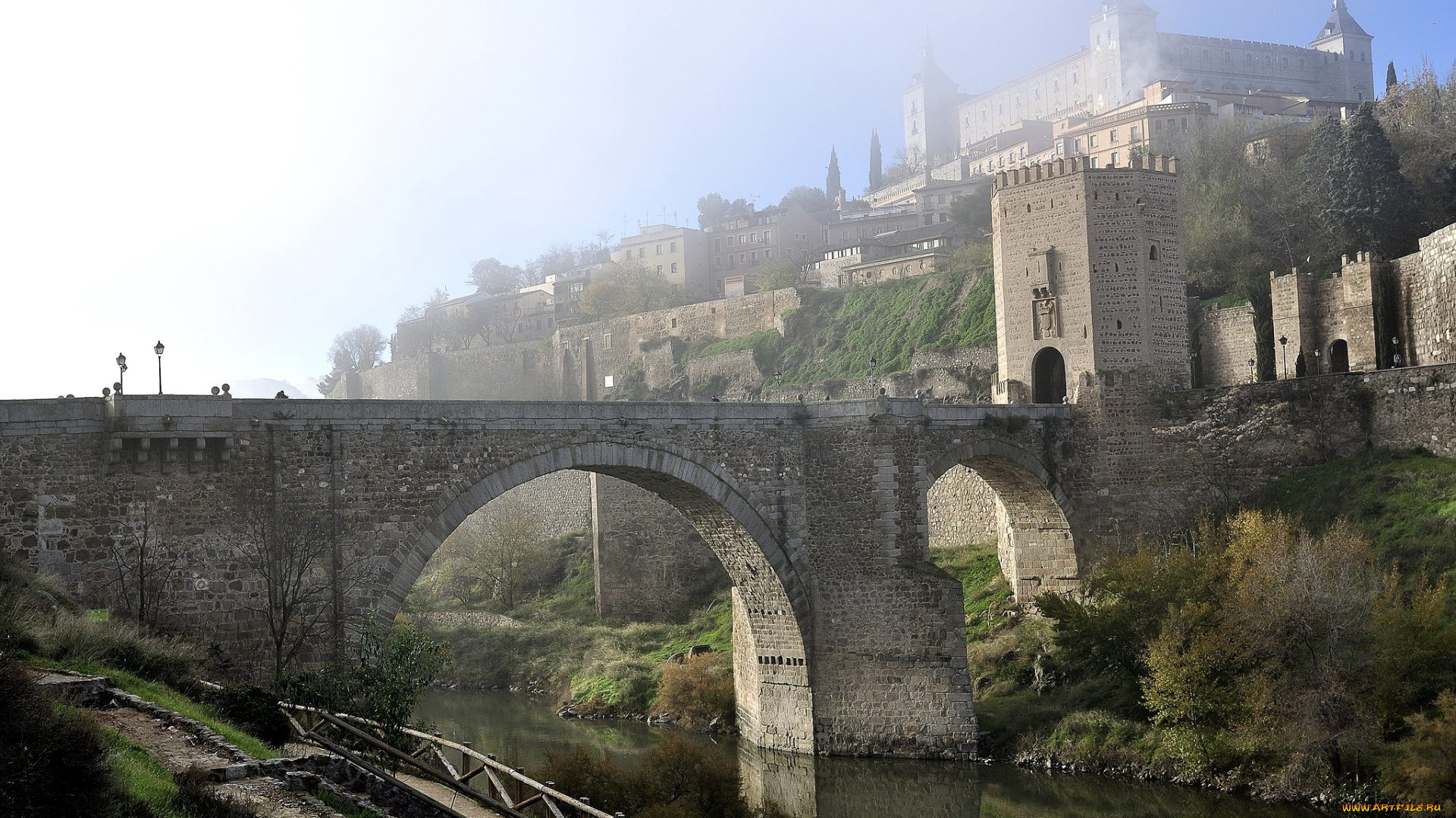 города, толедо, испания, туман, мост