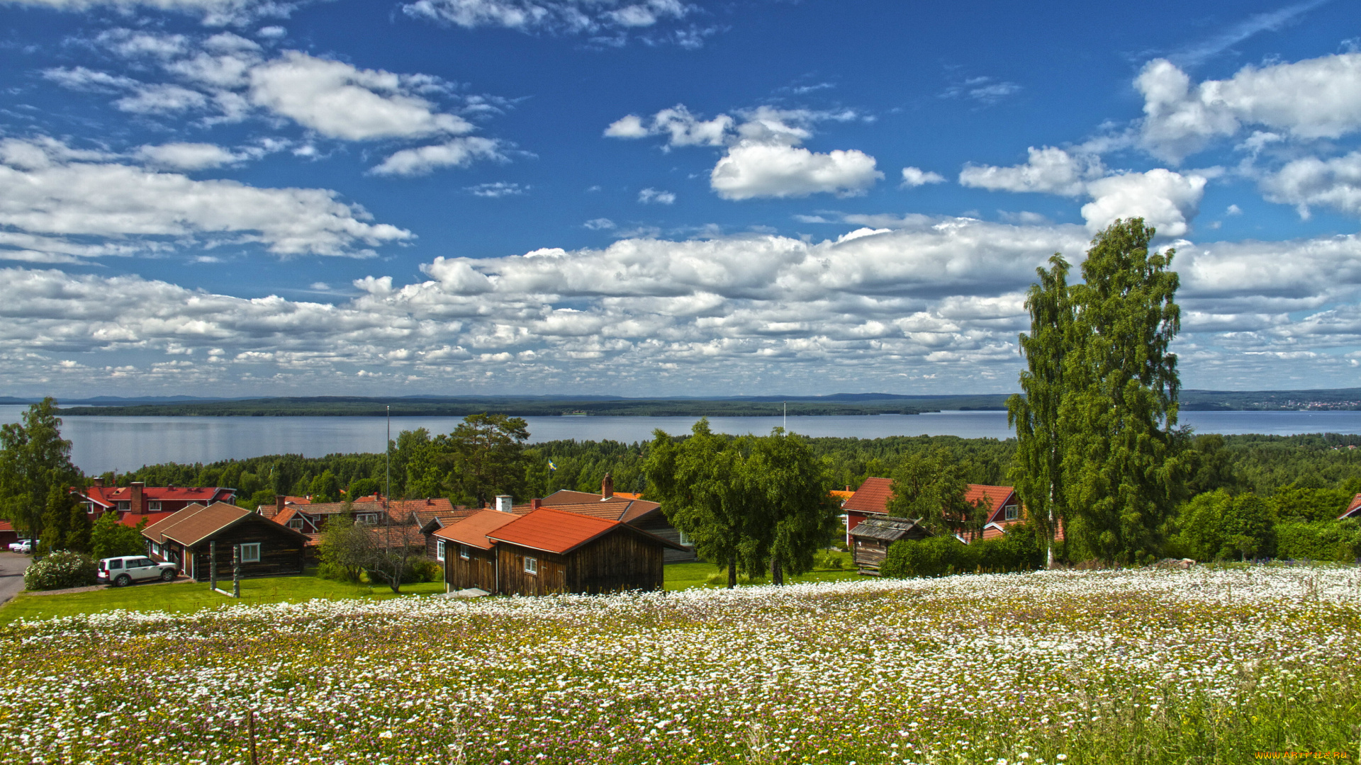 швеция, даларна, города, пейзажи, дома, поля, река