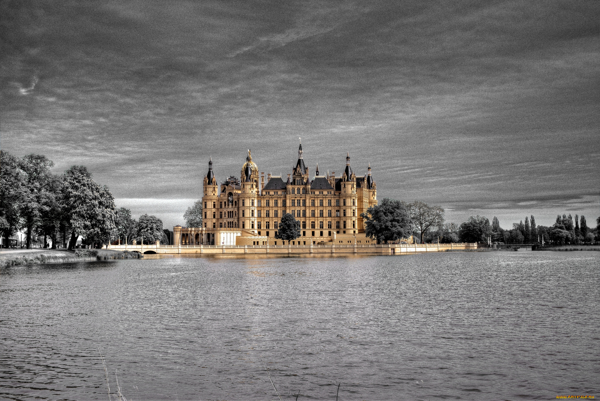 города, замок, шверин, германия, река