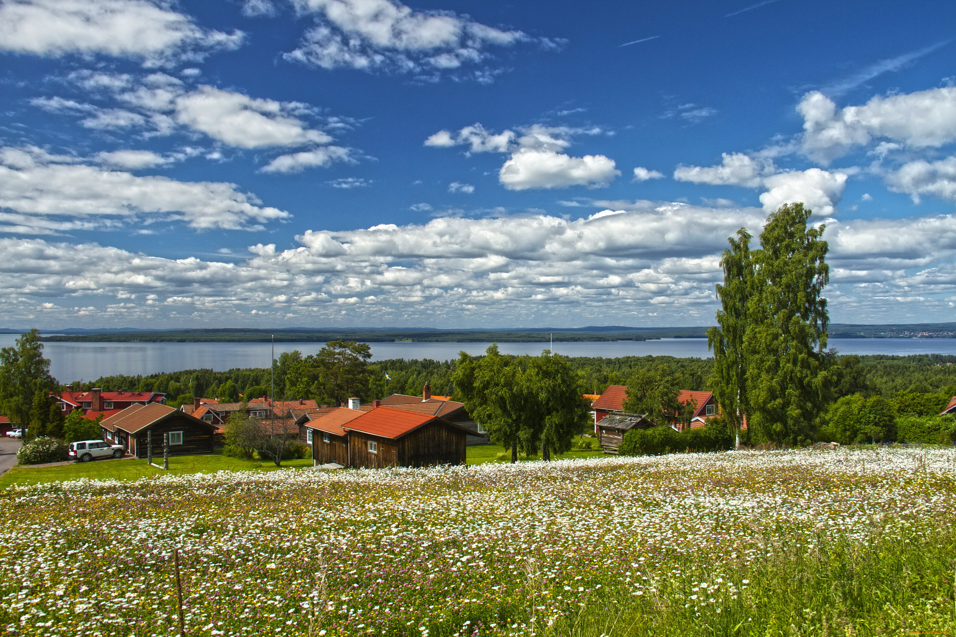 швеция, даларна, города, пейзажи, дома, поля, река