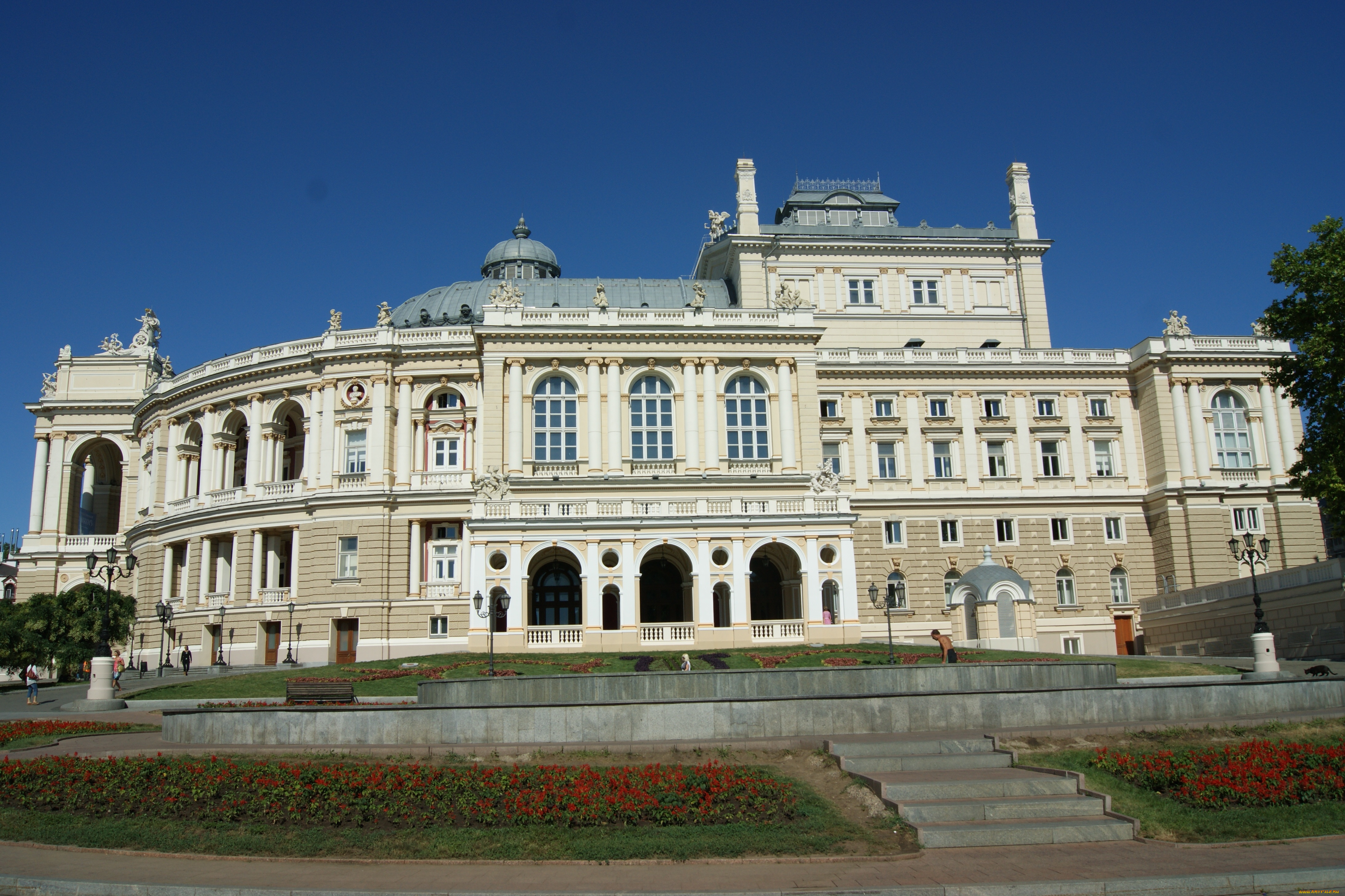 одесса, оперный, театр, города, здания, дома, деревья, небо, цветы, трава