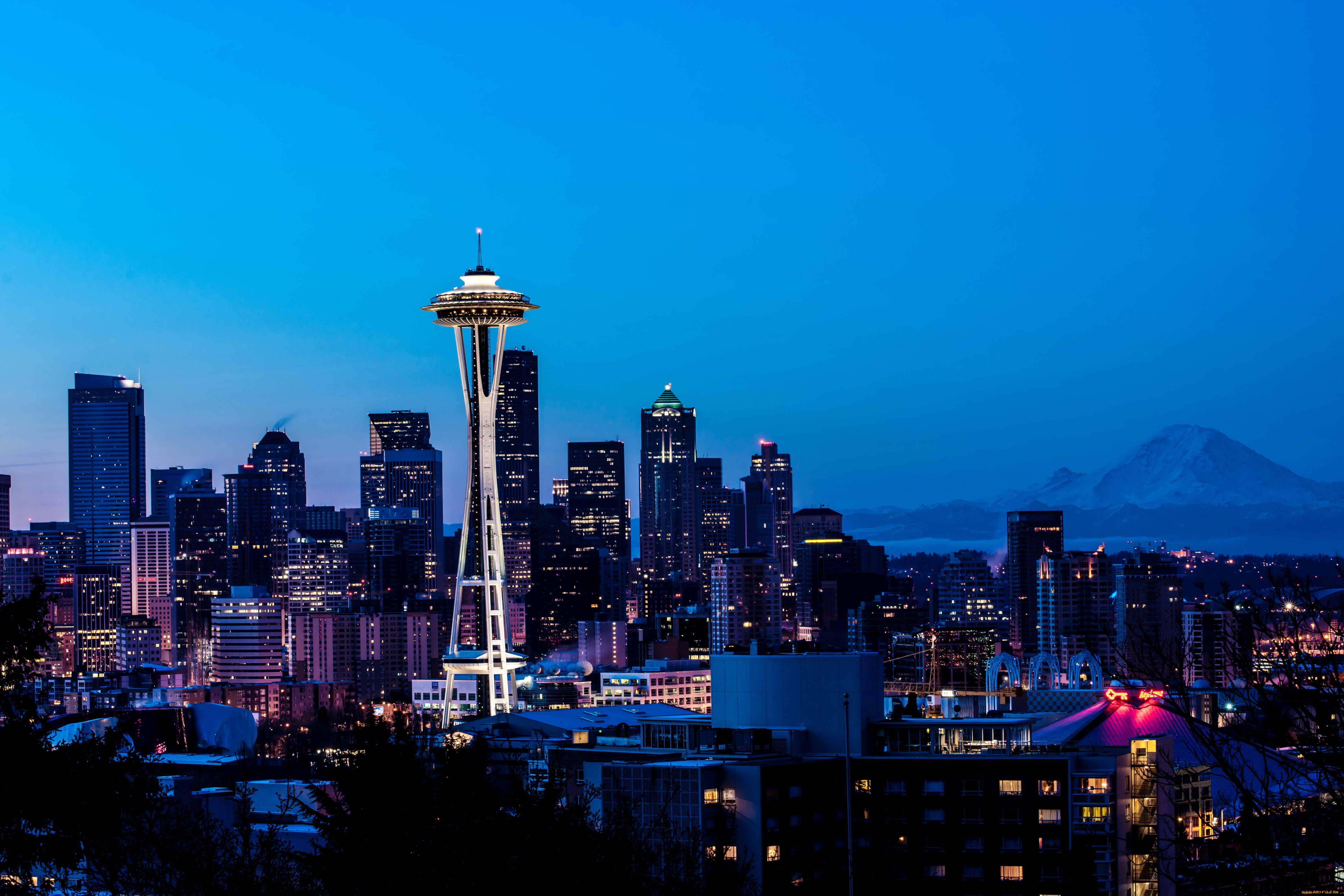 города, сиэтл, сша, дома, огни, ночь, улица