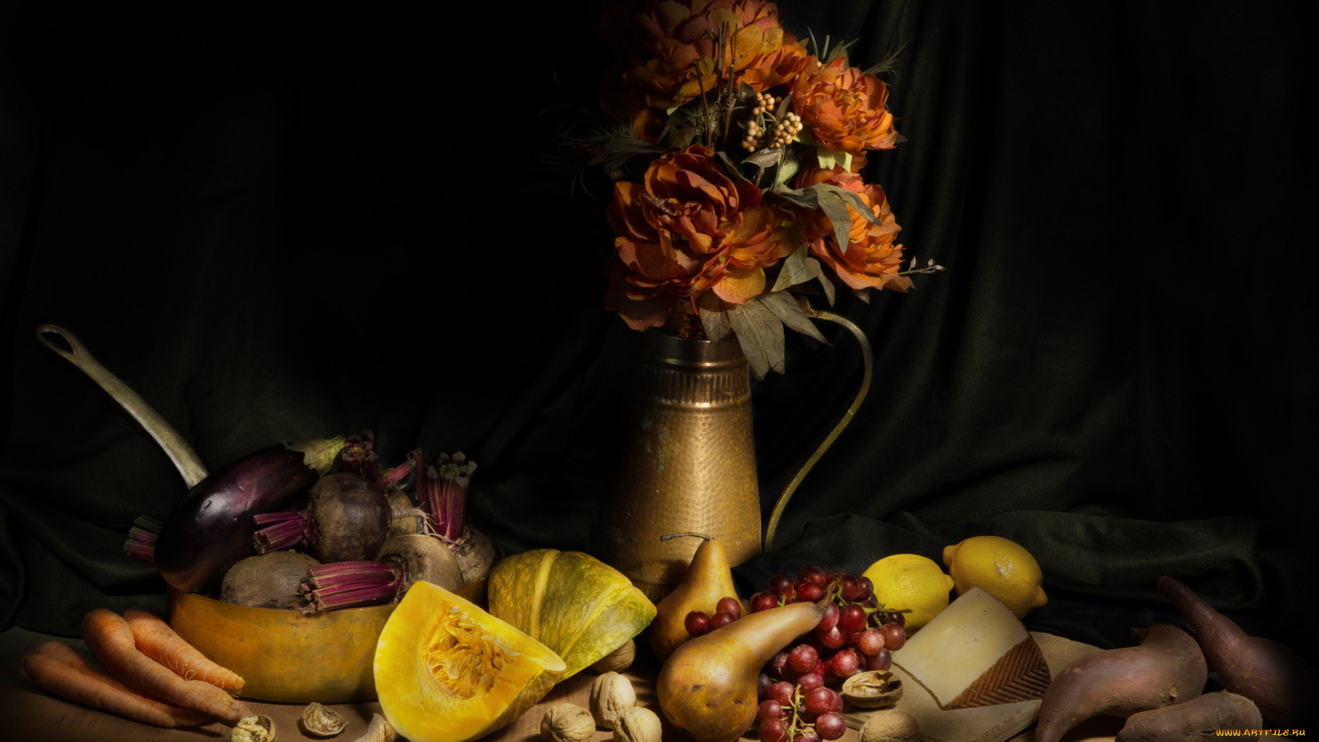 еда, натюрморт, батат, свекла, цветы, виноград, груша, тыква
