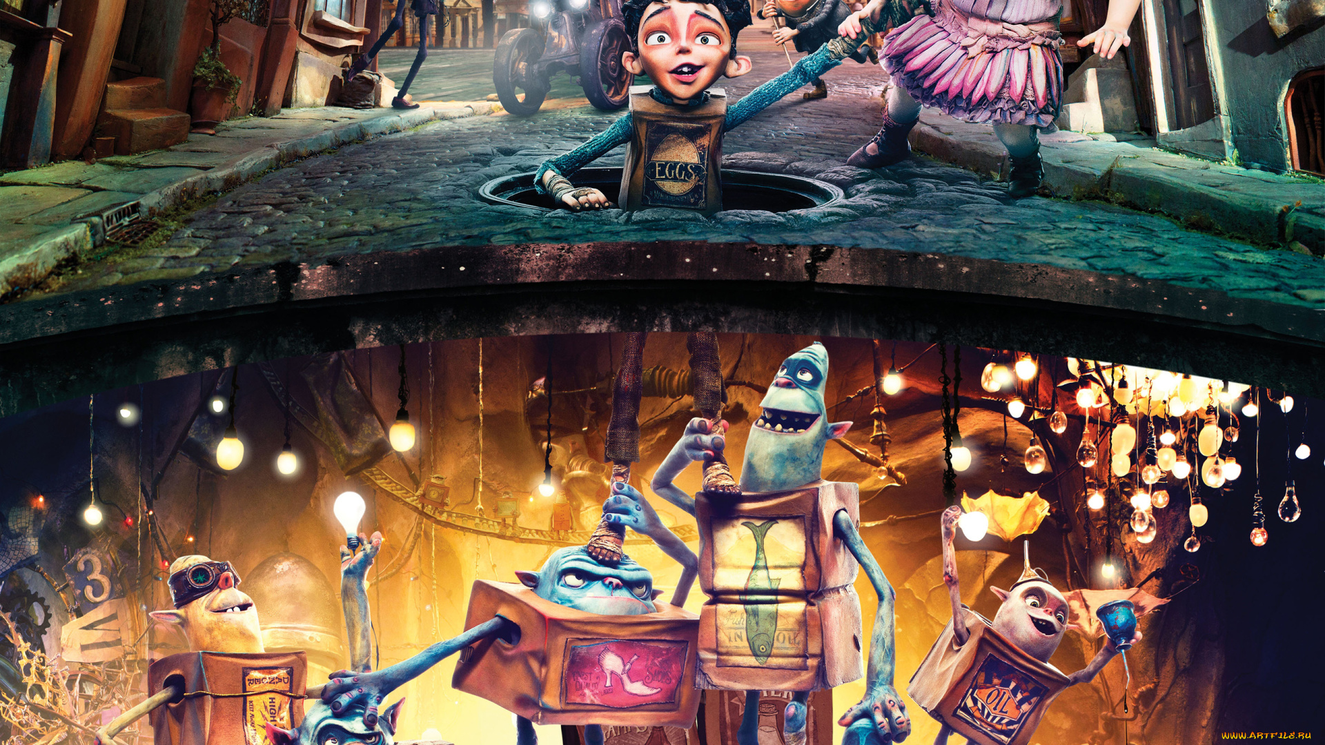 the, boxtrolls, мультфильмы, дорога, город, люк, мальчик, девочка, чудики, монстры, улица