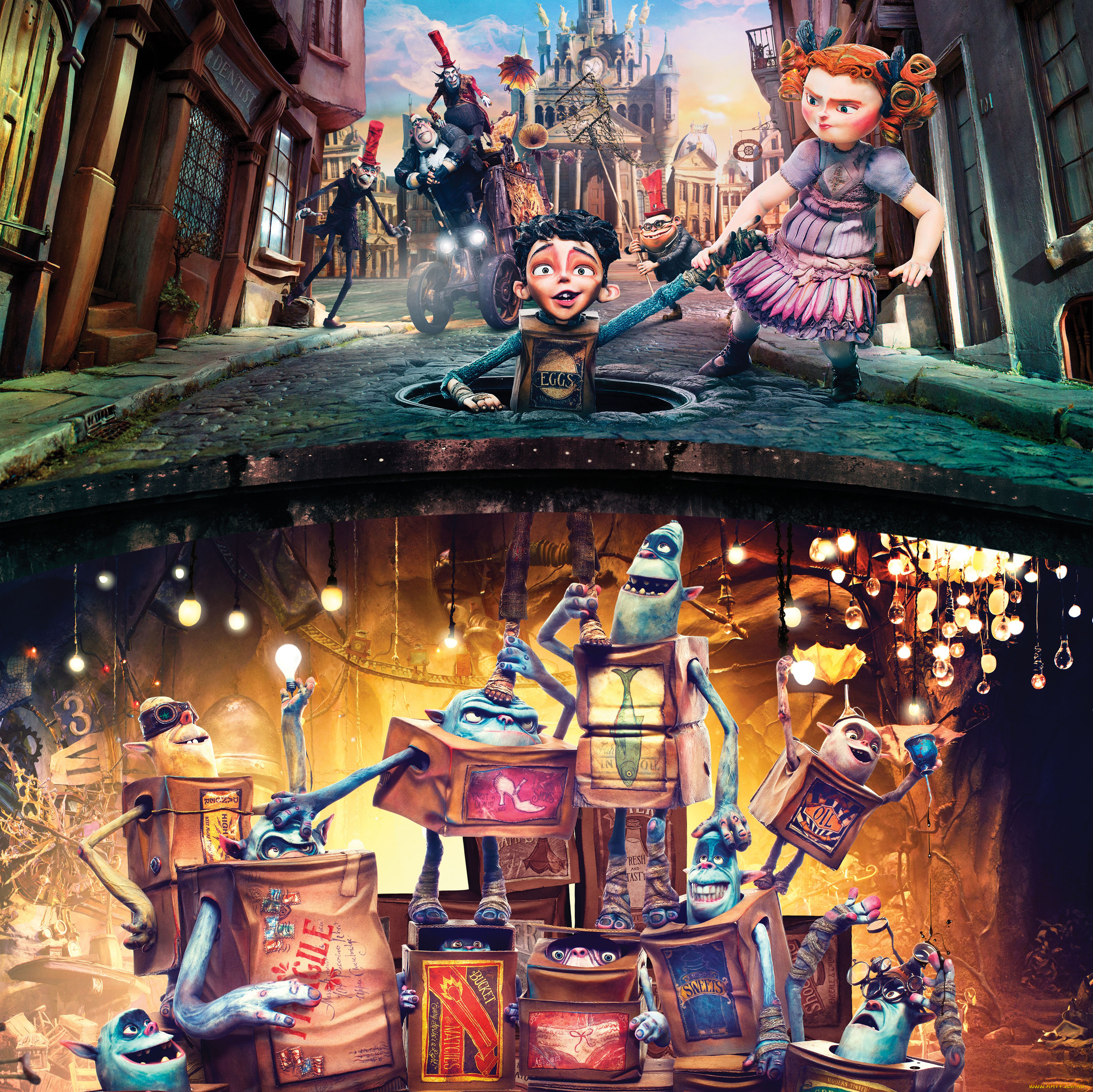 the, boxtrolls, мультфильмы, дорога, город, люк, мальчик, девочка, чудики, монстры, улица