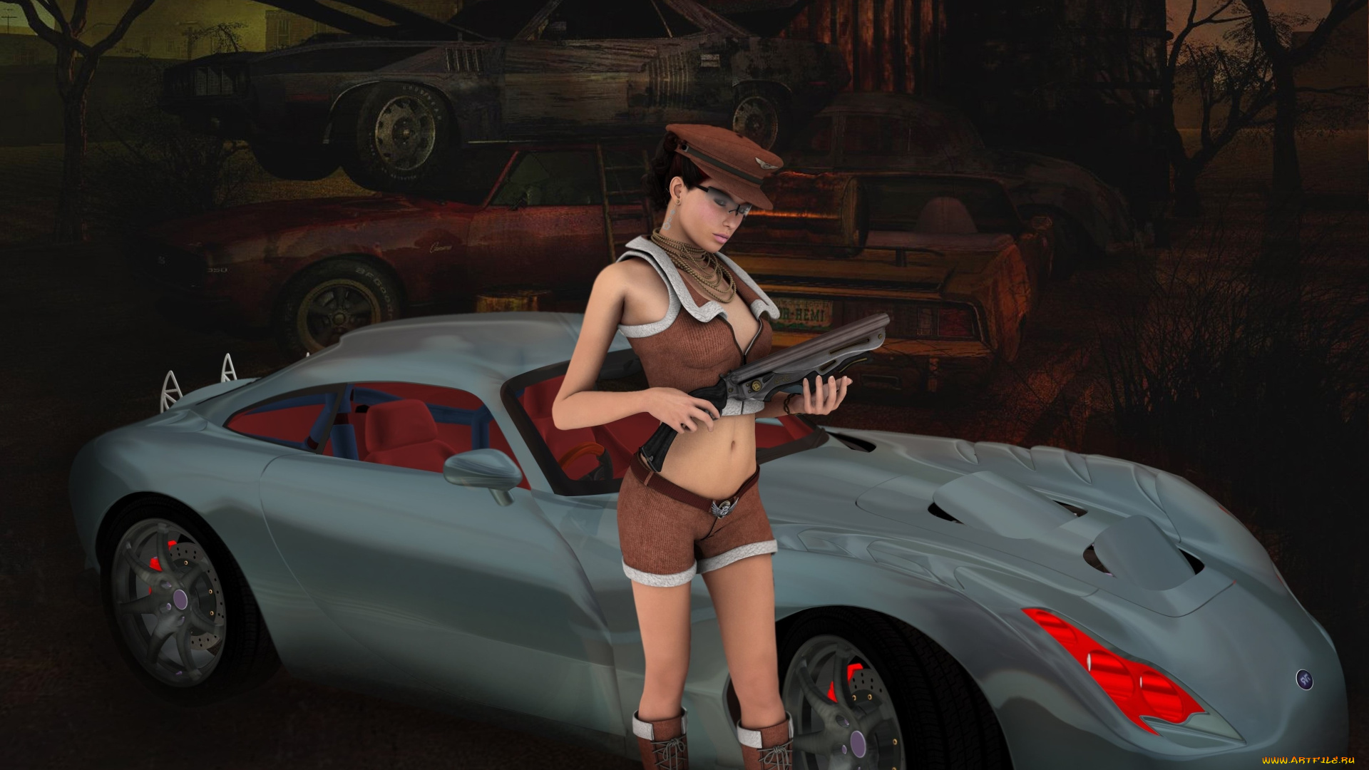 3д, графика, фантазия, , fantasy, автомобиль, девушка, оружие, взгляд, фон