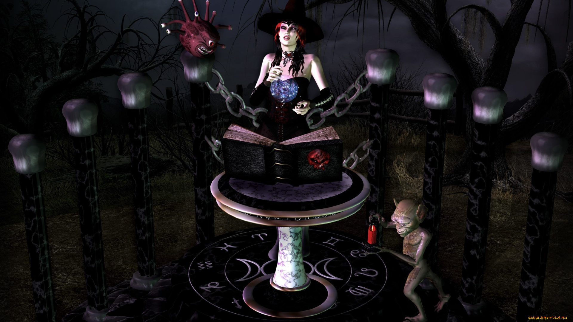 3д, графика, фантазия, , fantasy, эльфийка, взгляд, фон, магия, цепь, книга, существо, символы