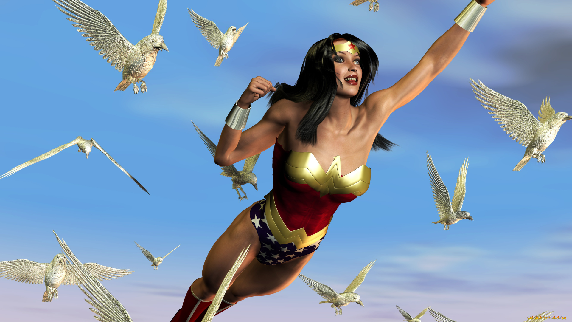 3д, графика, фантазия, , fantasy, птицы, полет, супермен, фон, взгляд, девушка