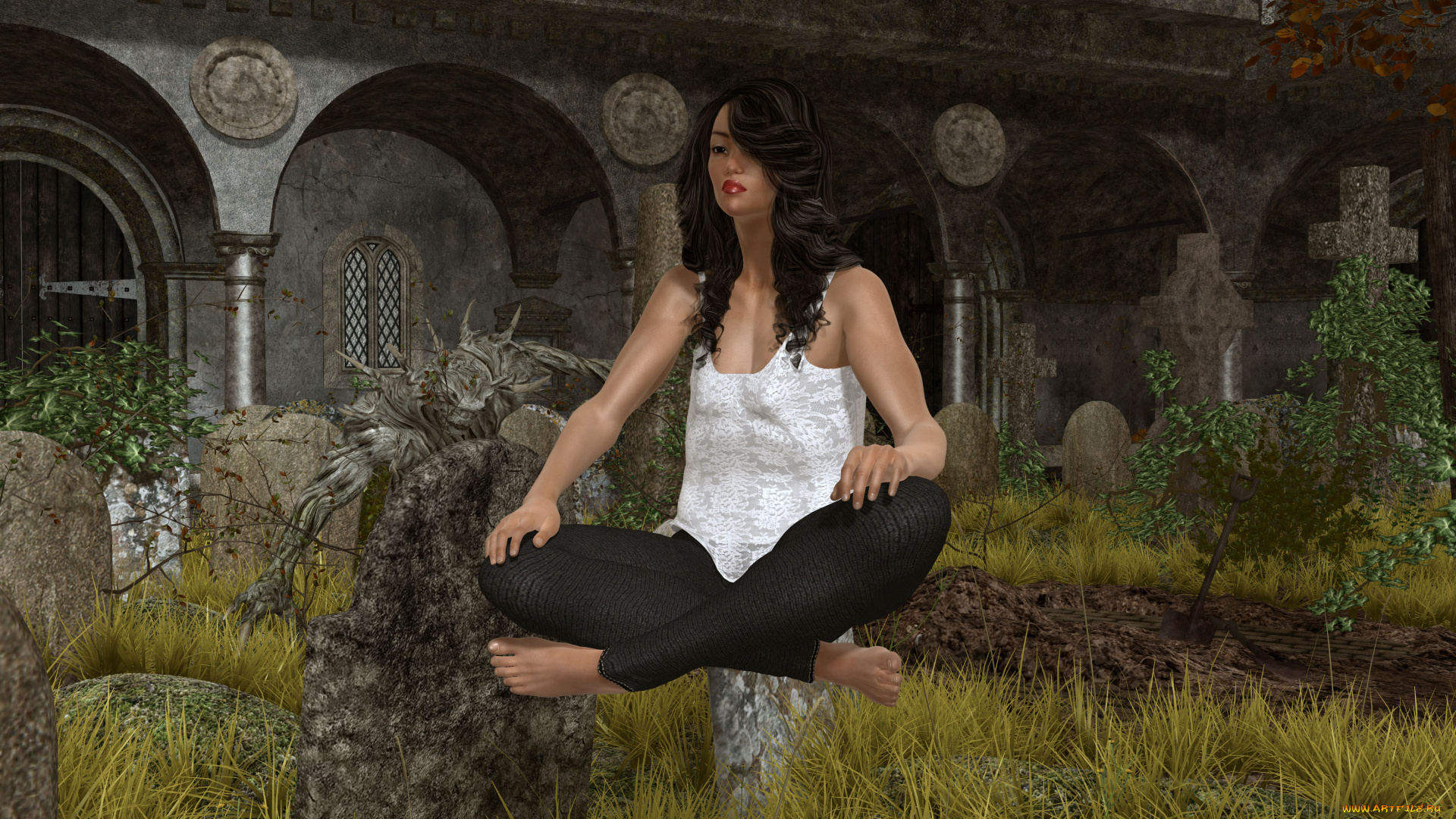 3д, графика, фантазия, , fantasy, склеп, фон, взгляд, девушка
