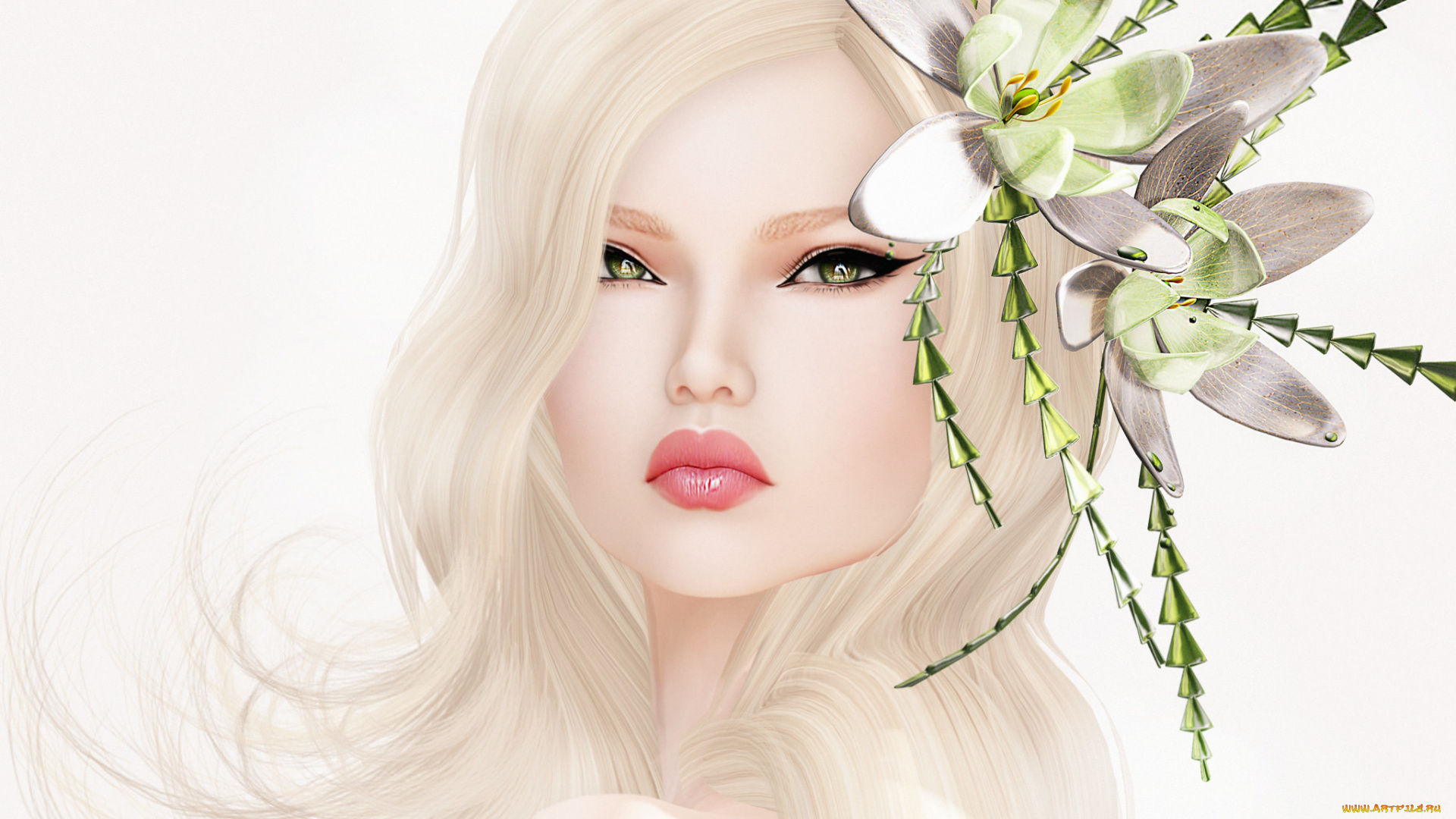 3д, графика, портрет, , portraits, цветы, блондинка, портрет, девушка, лицо