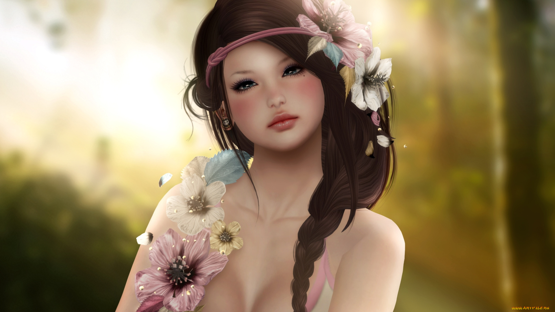 3д, графика, портрет, , portraits, цветы, волосы, брюнетка, девушка