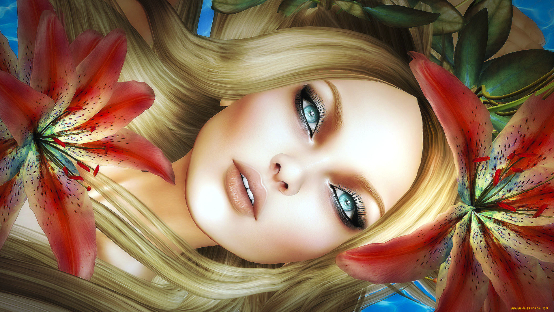 3д, графика, портрет, , portraits, девушка, лицо, волосы, лилии, цветы