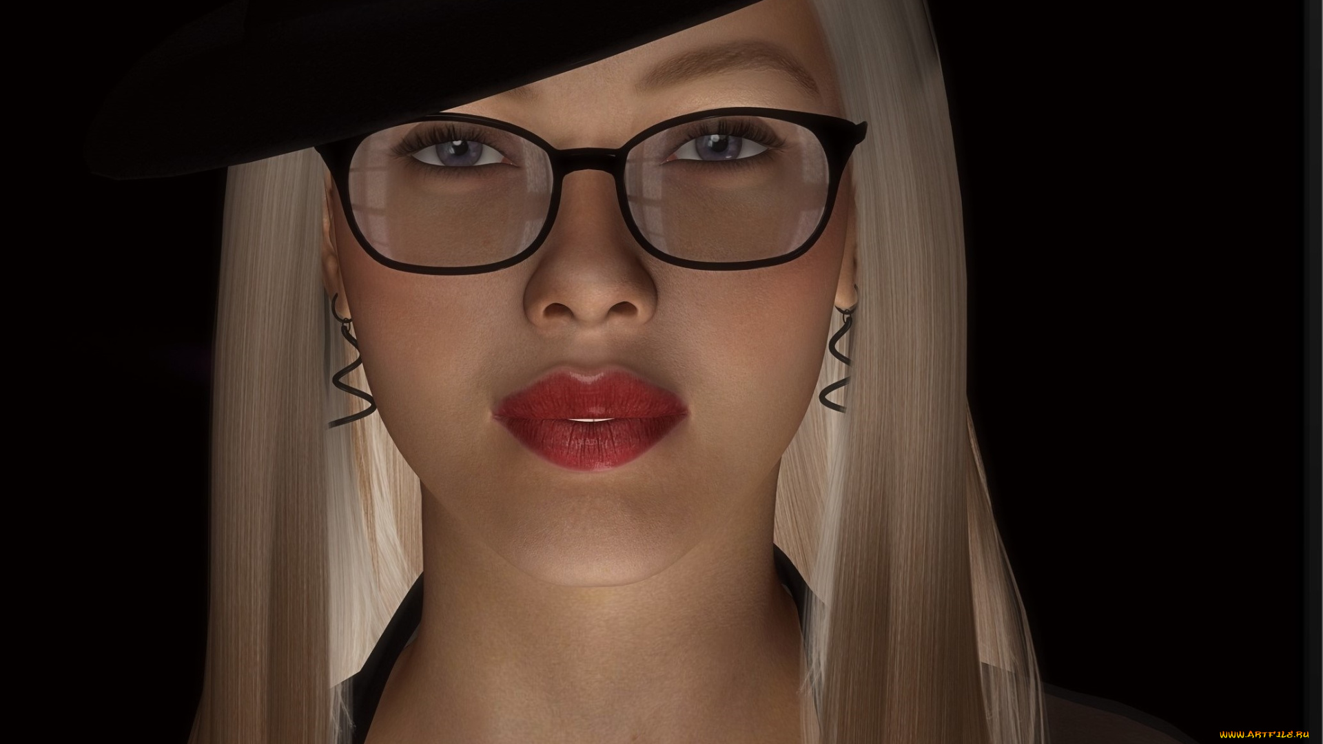 3д, графика, портрет, , portraits, девушка, взгляд, фон, шляпа, очки