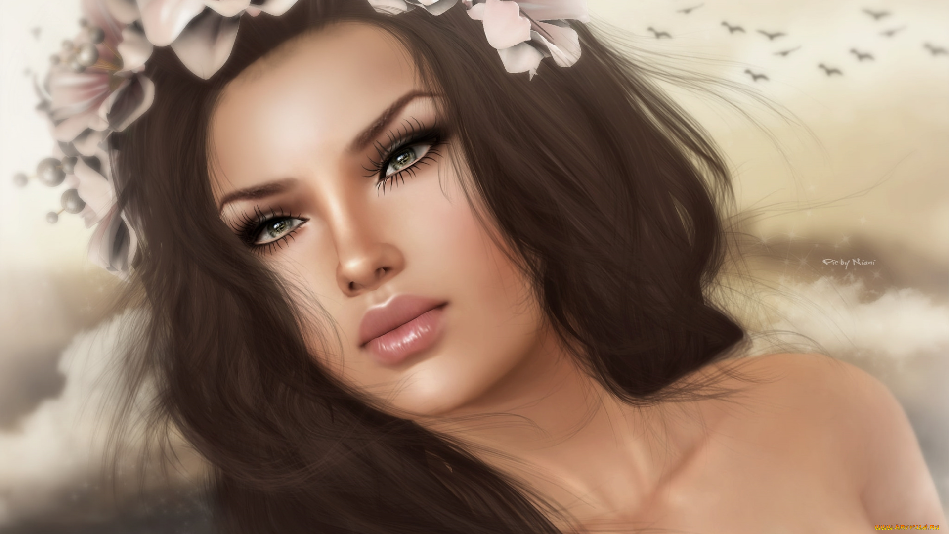 3д, графика, портрет, , portraits, лицо, девушка, венок, брюнетка, волосы