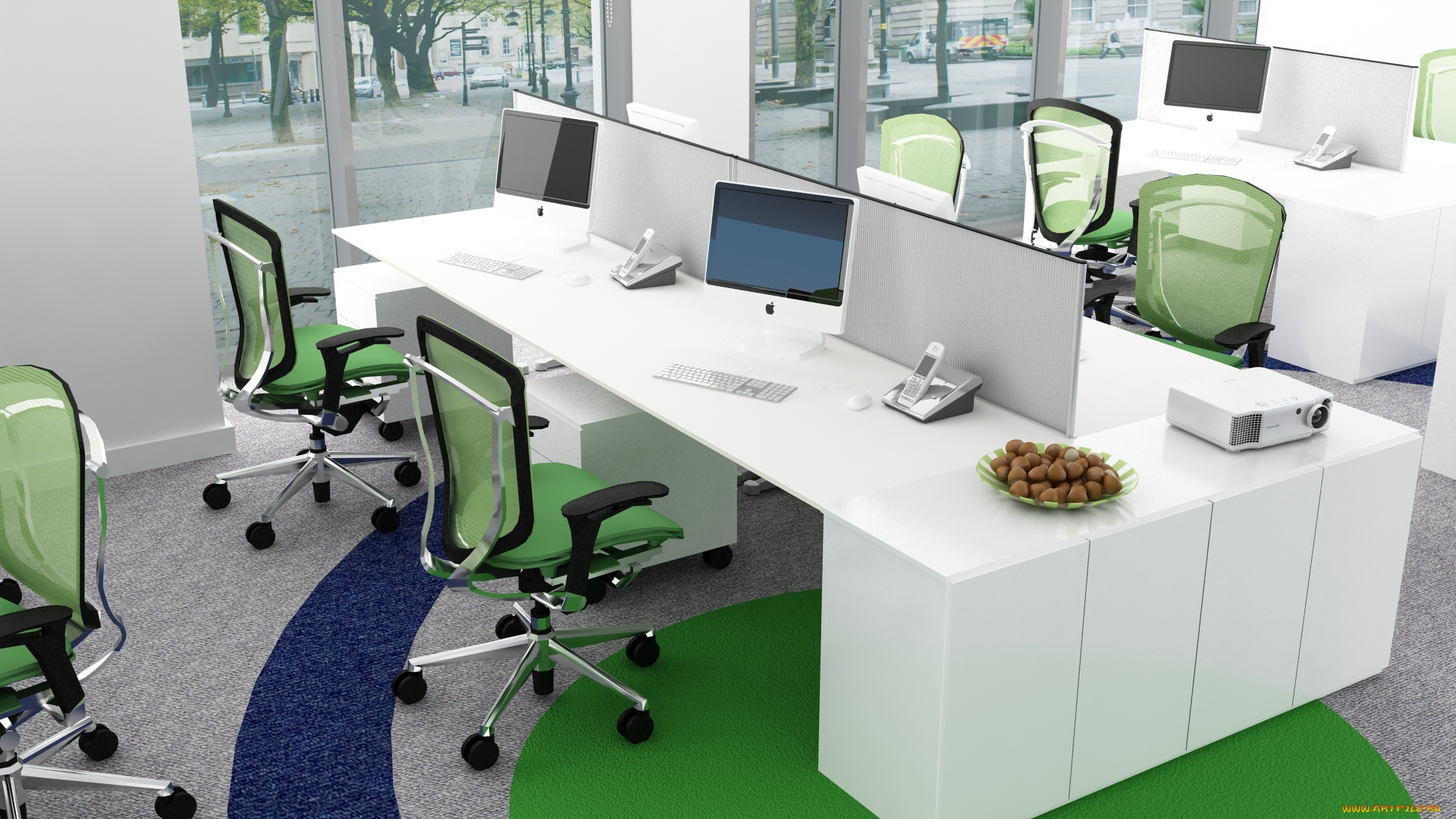 3д, графика, реализм, , realism, окна, офис, компьютер, стулья, стол