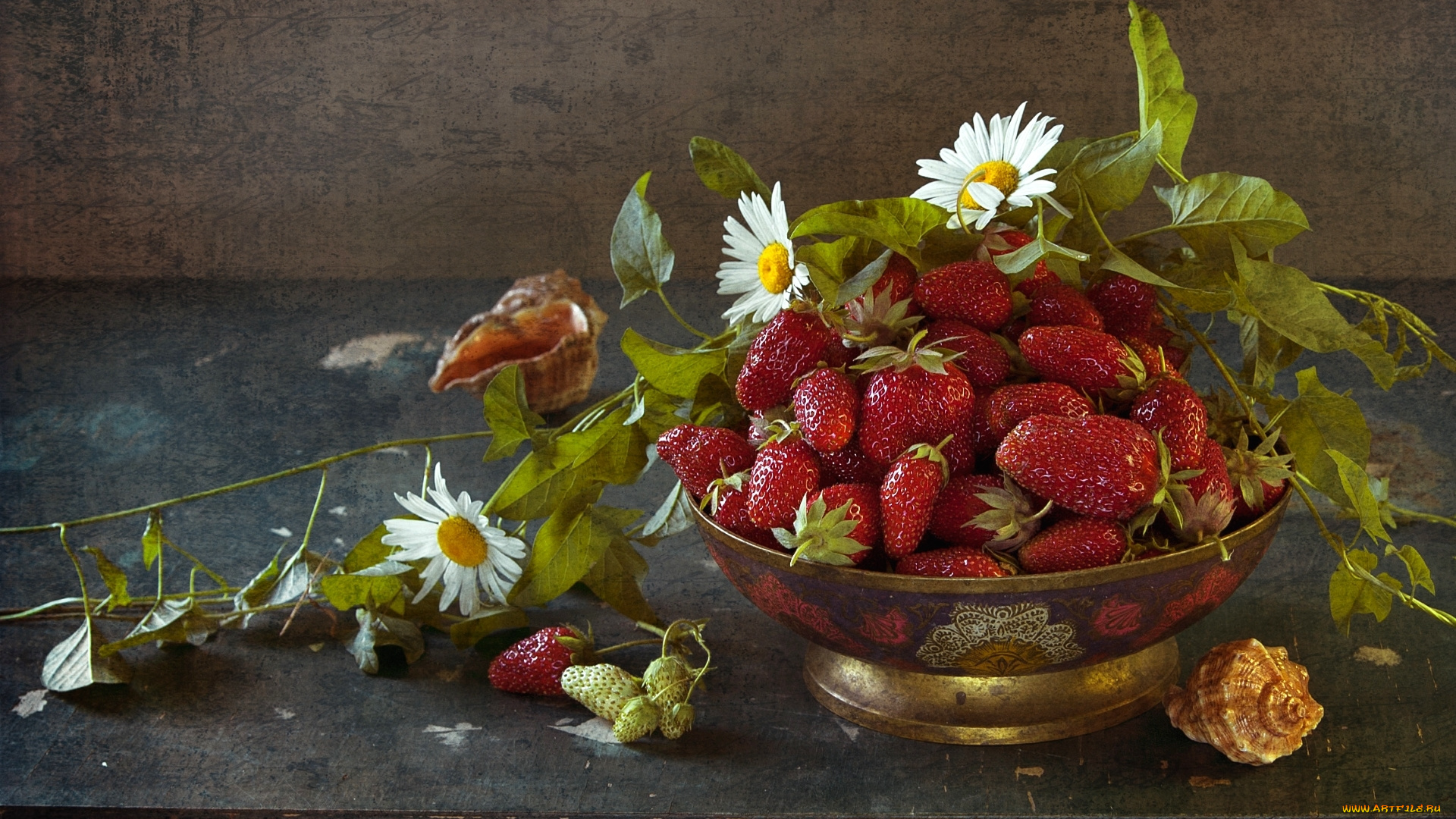 еда, клубника, , земляника, текстура, ракушки, ромашки, корзина, ягоды