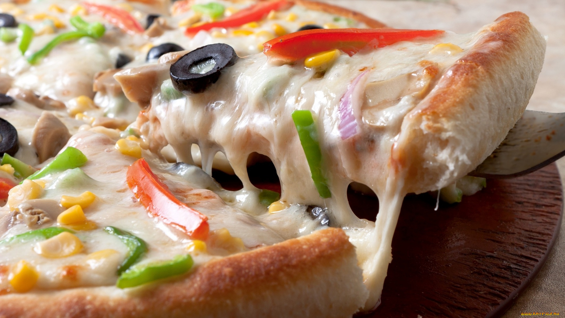 еда, пицца, кукуруза, перец, оливки, сыр