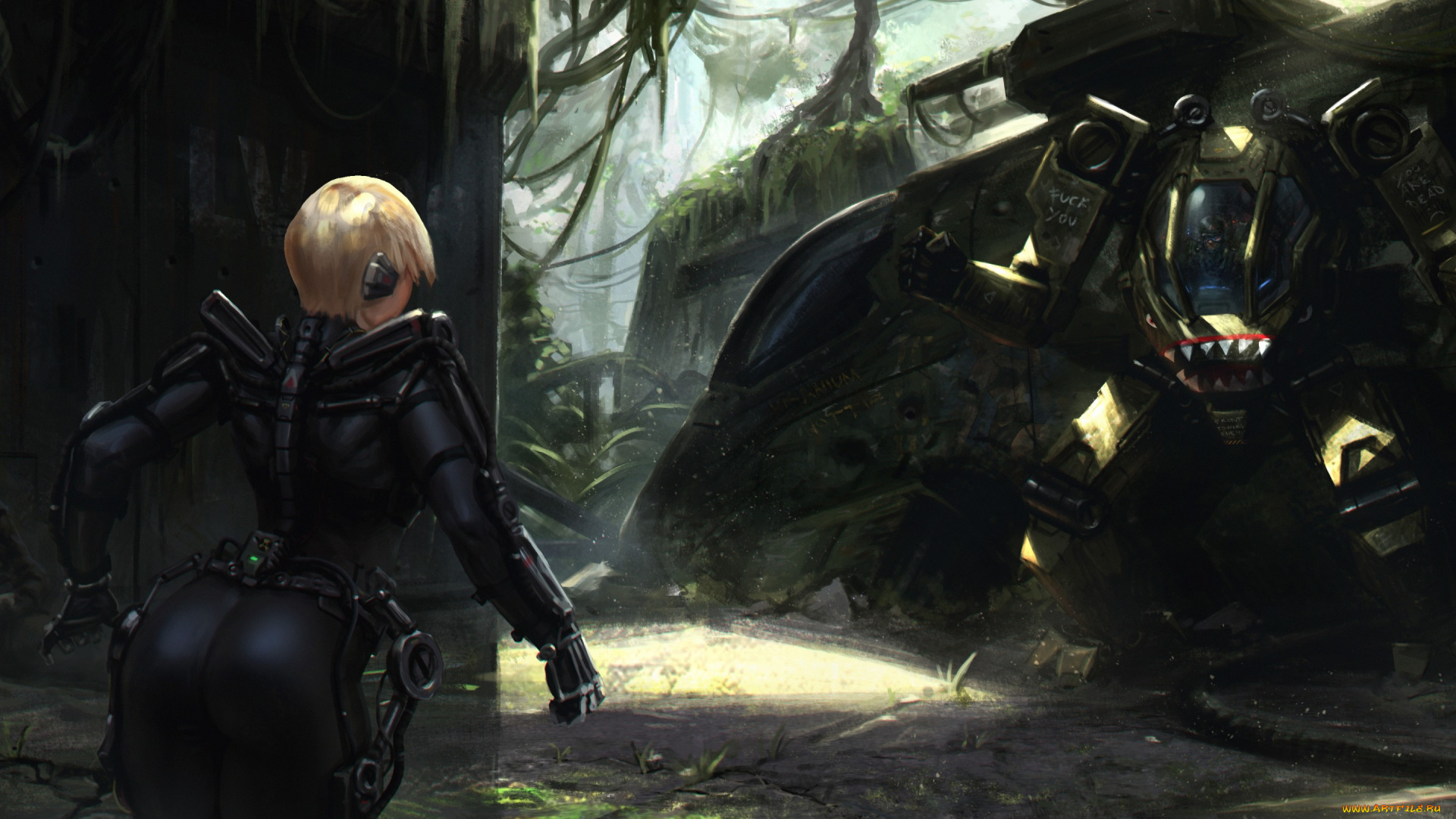 фэнтези, роботы, , киборги, , механизмы, экзоскелет, блондинка, девушка, попа, арт, задница, heavy, metal, робот, джунгли, танк, фантастика