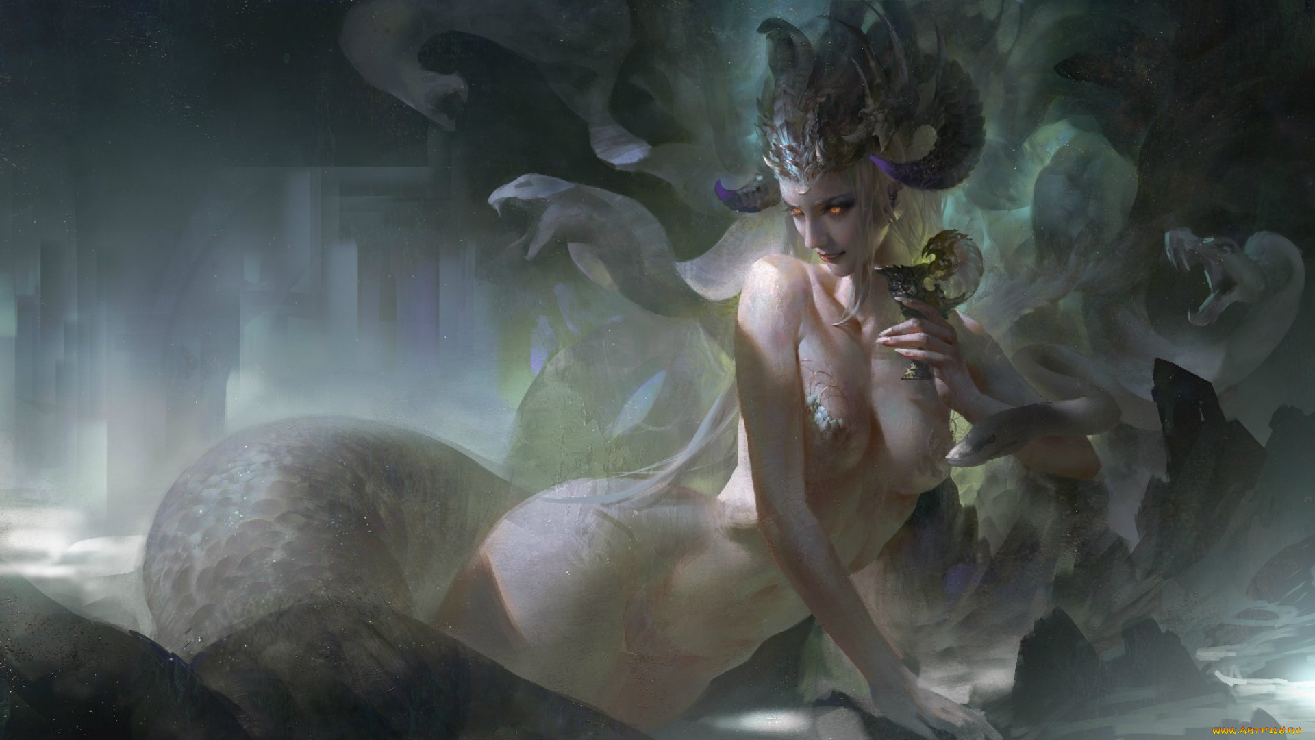 фэнтези, существа, рога, двушка, змея, арт