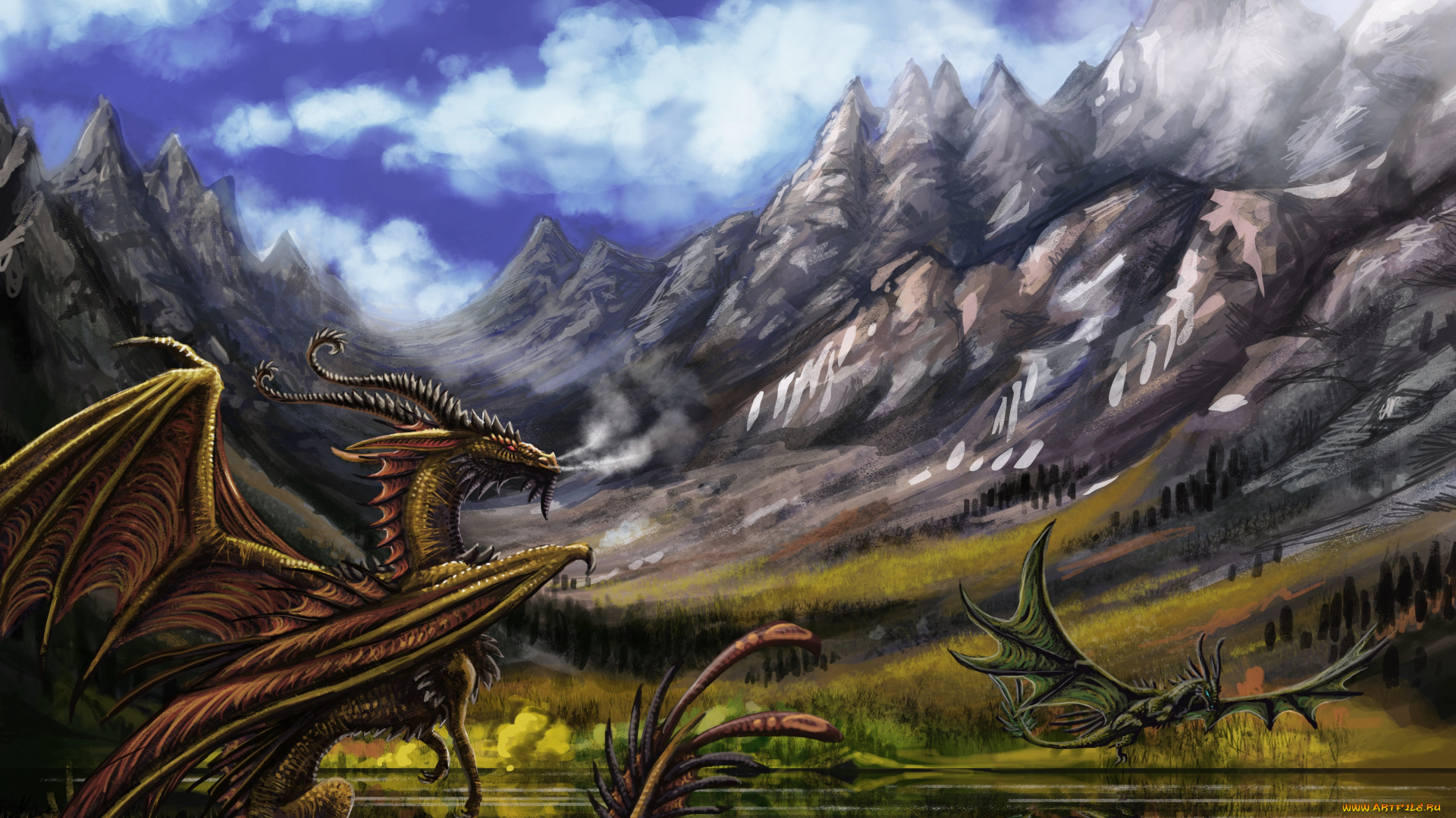 рисованное, животные, , сказочные, , мифические, горы, драконы