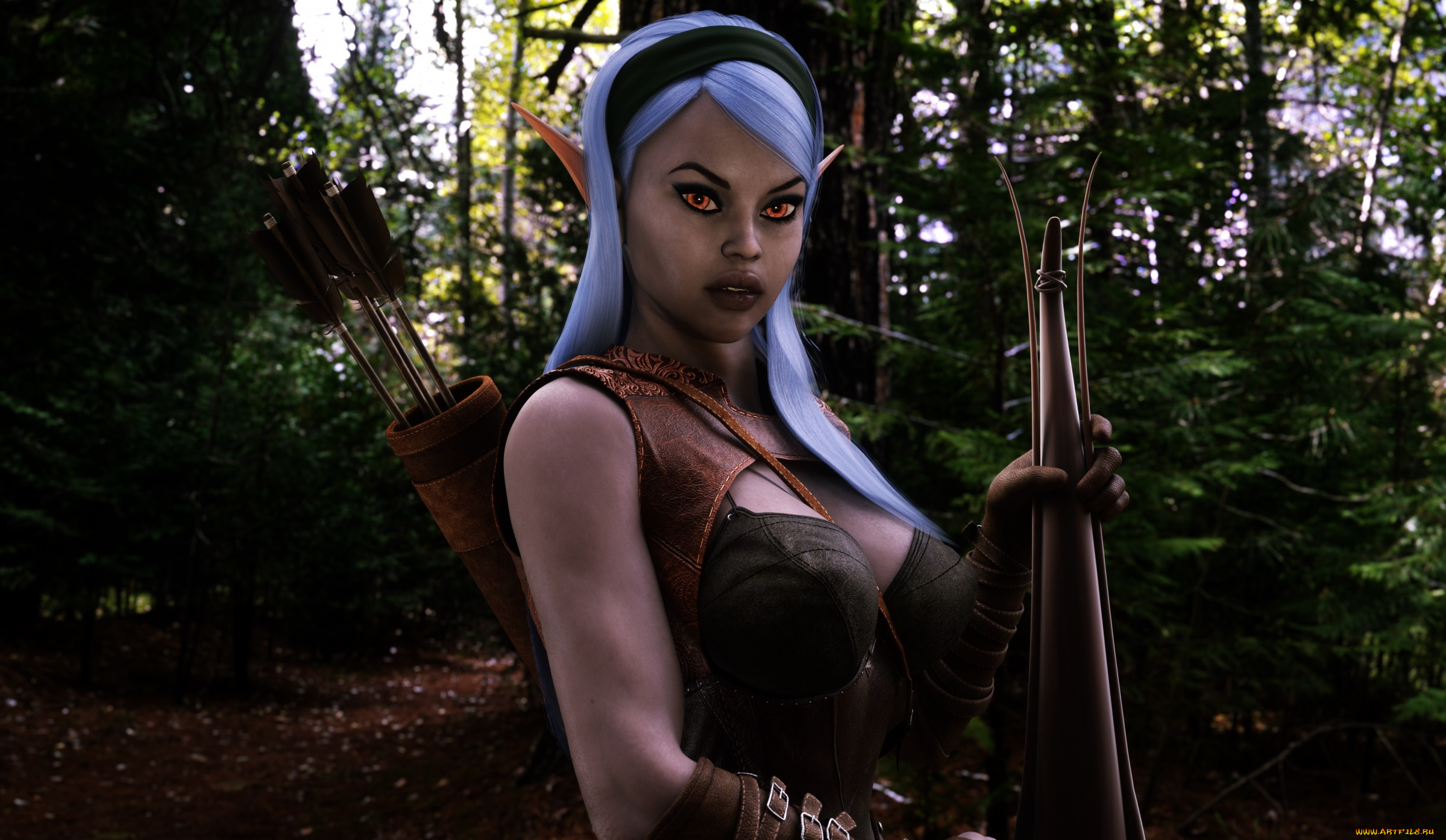 3д, графика, эльфы, , elves, эльфийка, взгляд, фон, лук, стрелы, охота