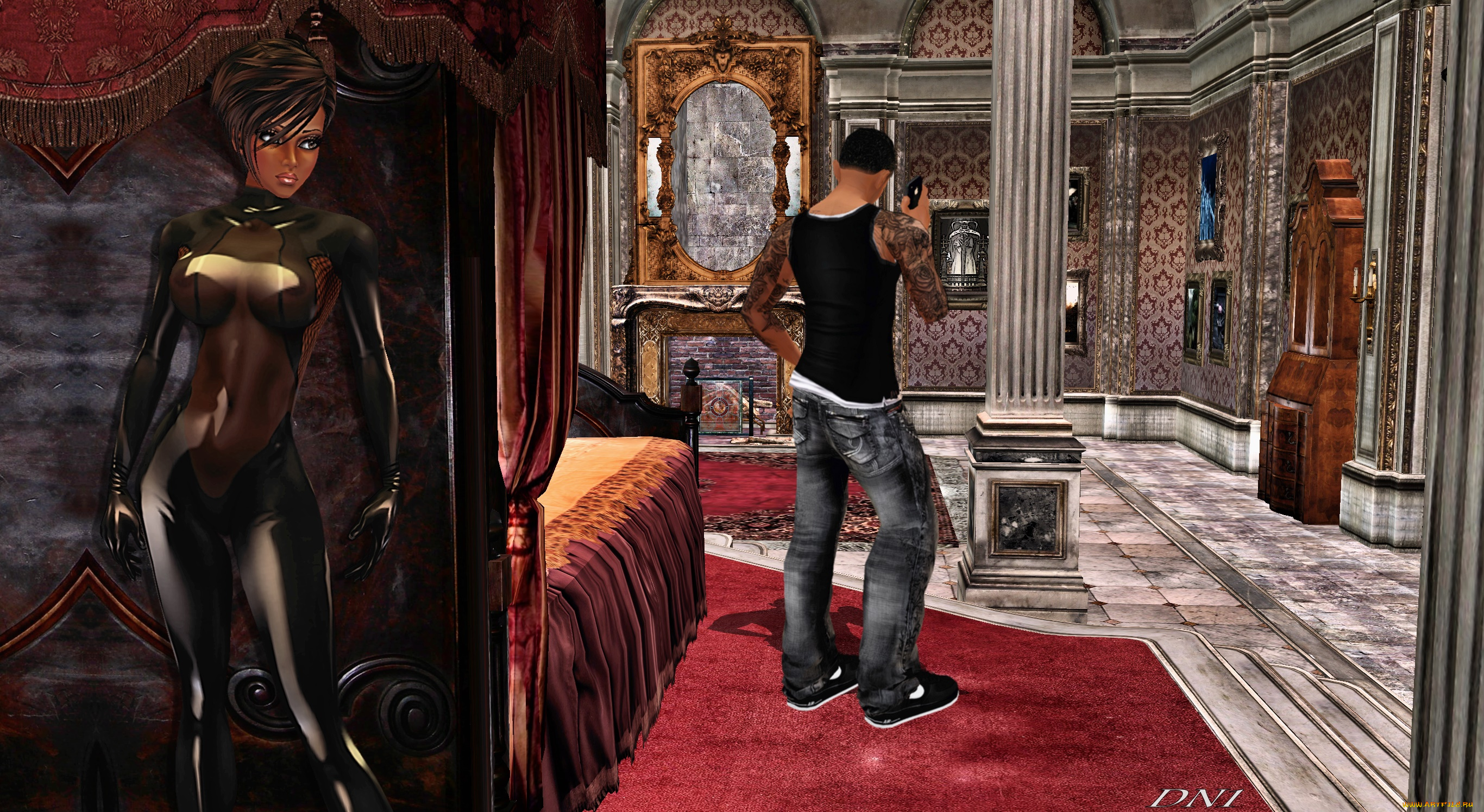 3д, графика, фантазия, , fantasy, интерьер, комната, кровать, девушка, взгляд, фон, мужчина