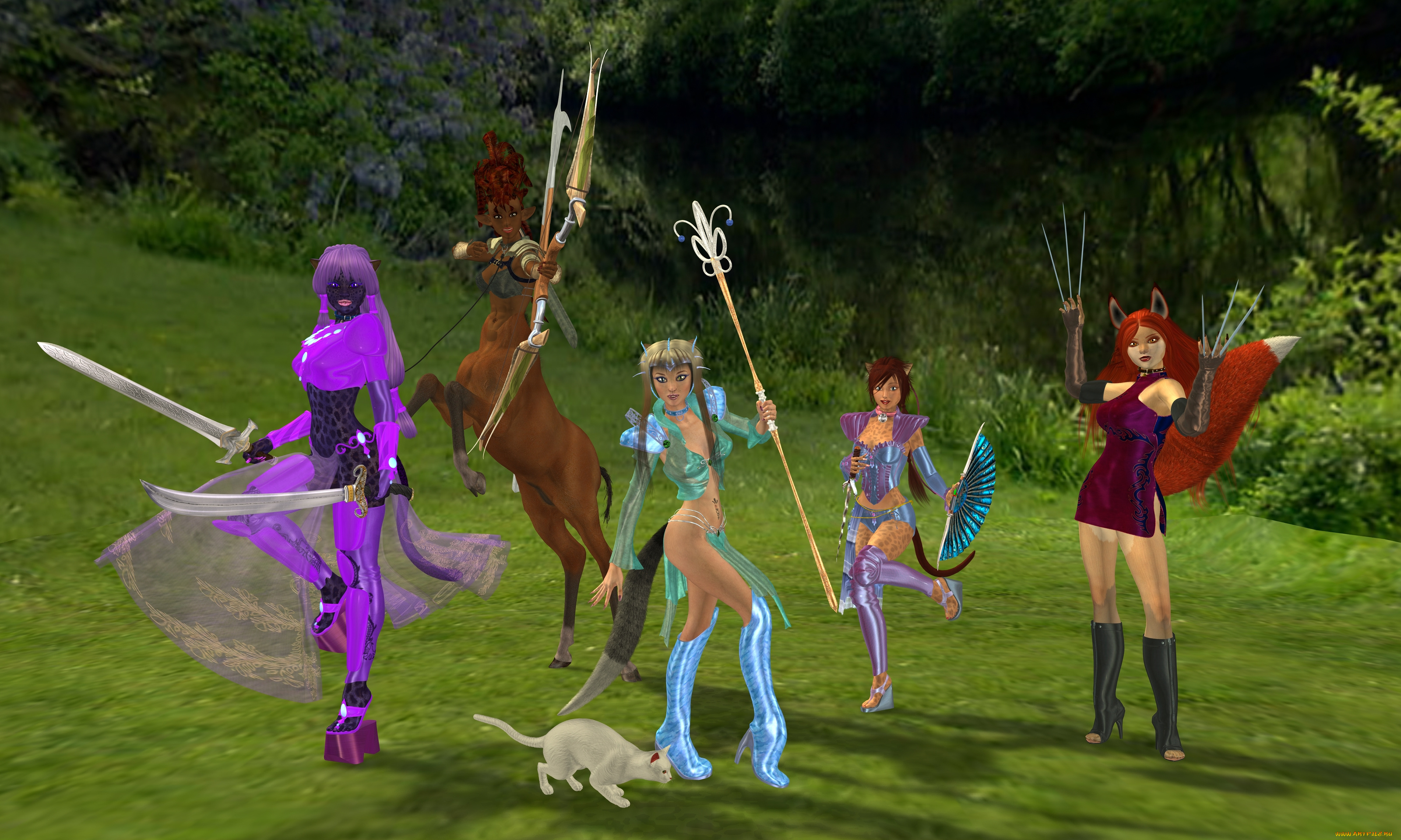 3д, графика, эльфы, , elves, луг, оружие, фон, взгляд, эльфийки