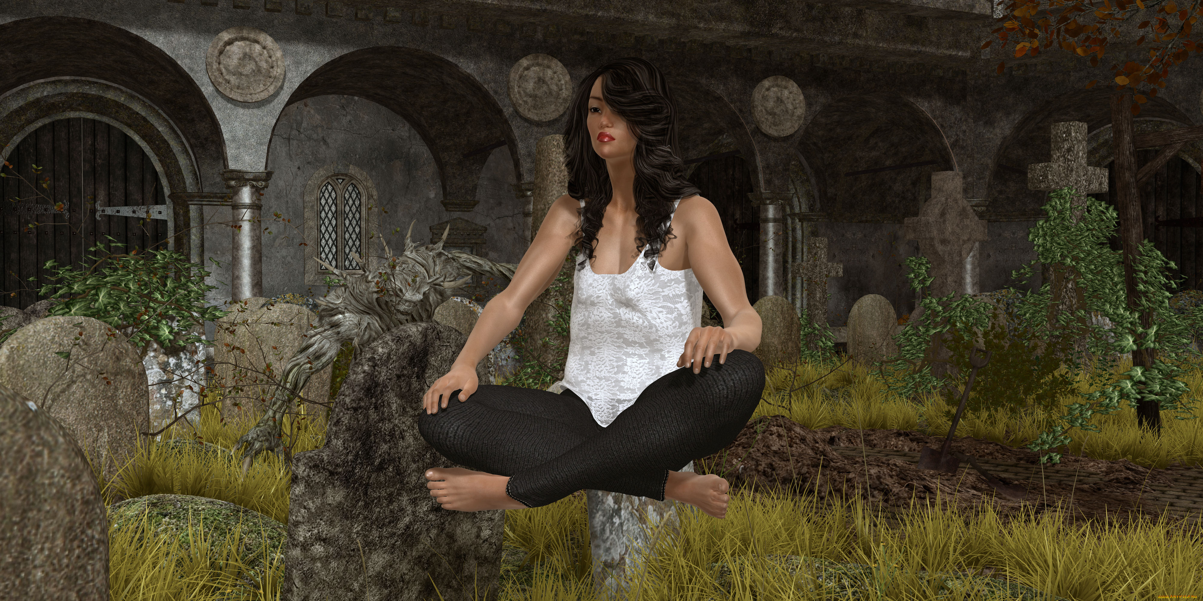 3д, графика, фантазия, , fantasy, склеп, фон, взгляд, девушка