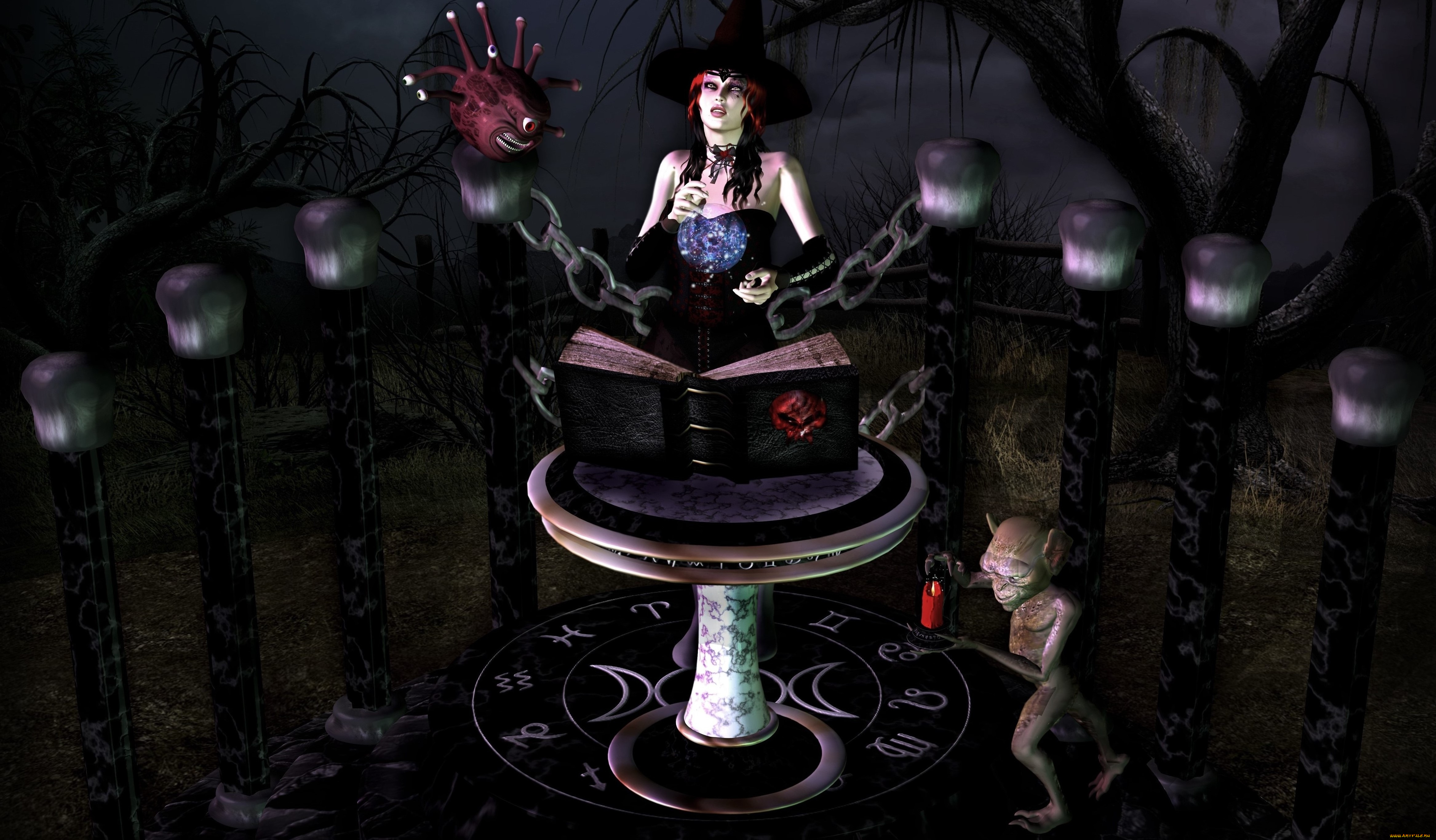 3д, графика, фантазия, , fantasy, эльфийка, взгляд, фон, магия, цепь, книга, существо, символы