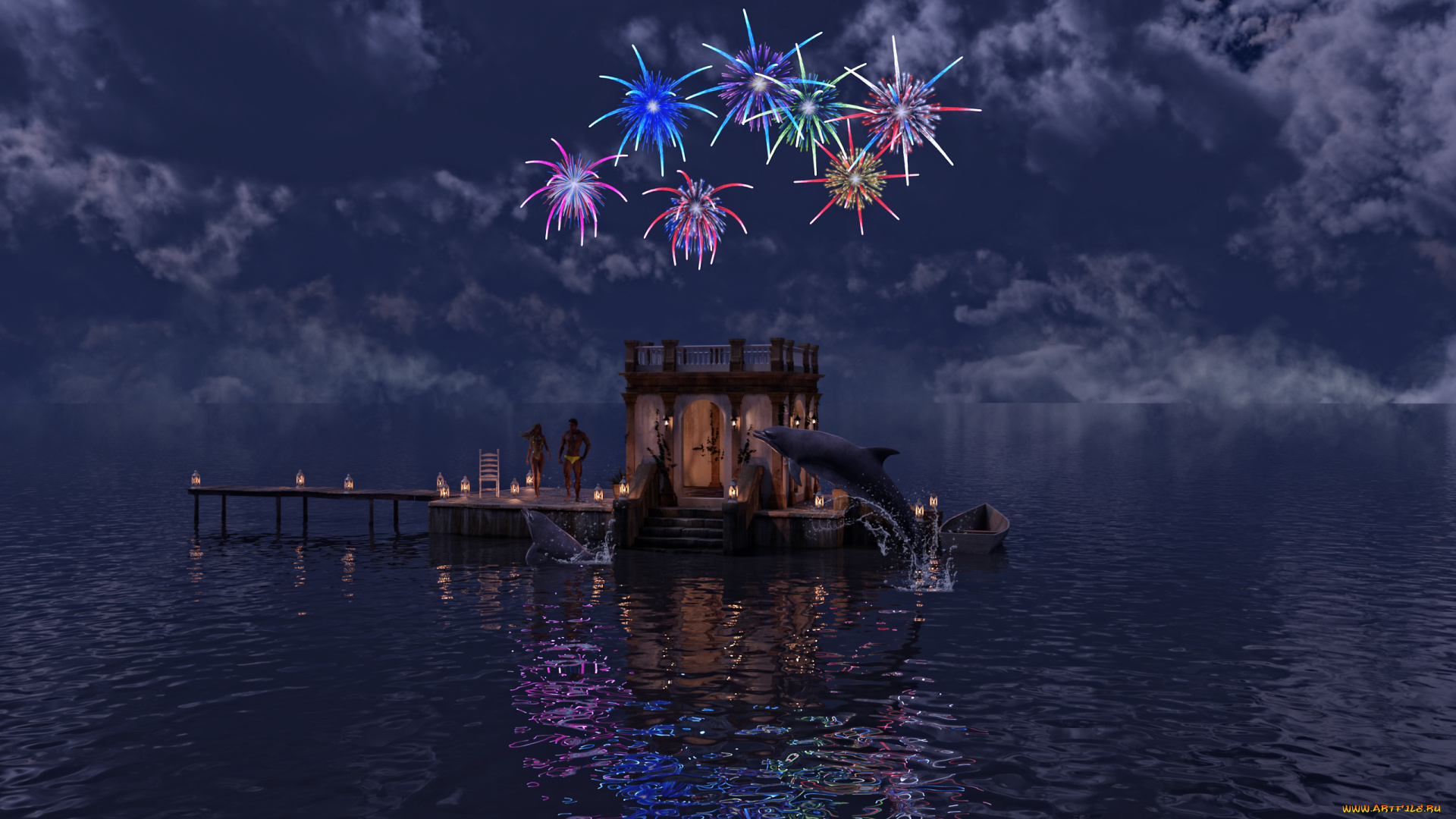 3д, графика, реализм, , realism, люди, вода, домик, дельфин, салют