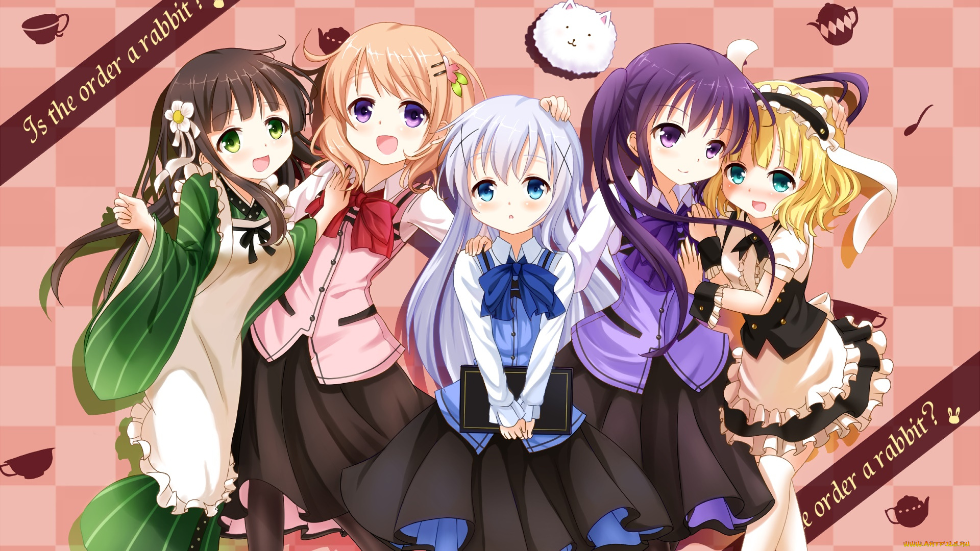аниме, gochuumon, wa, usagi, desu, ka, девушки, фон, взгляд