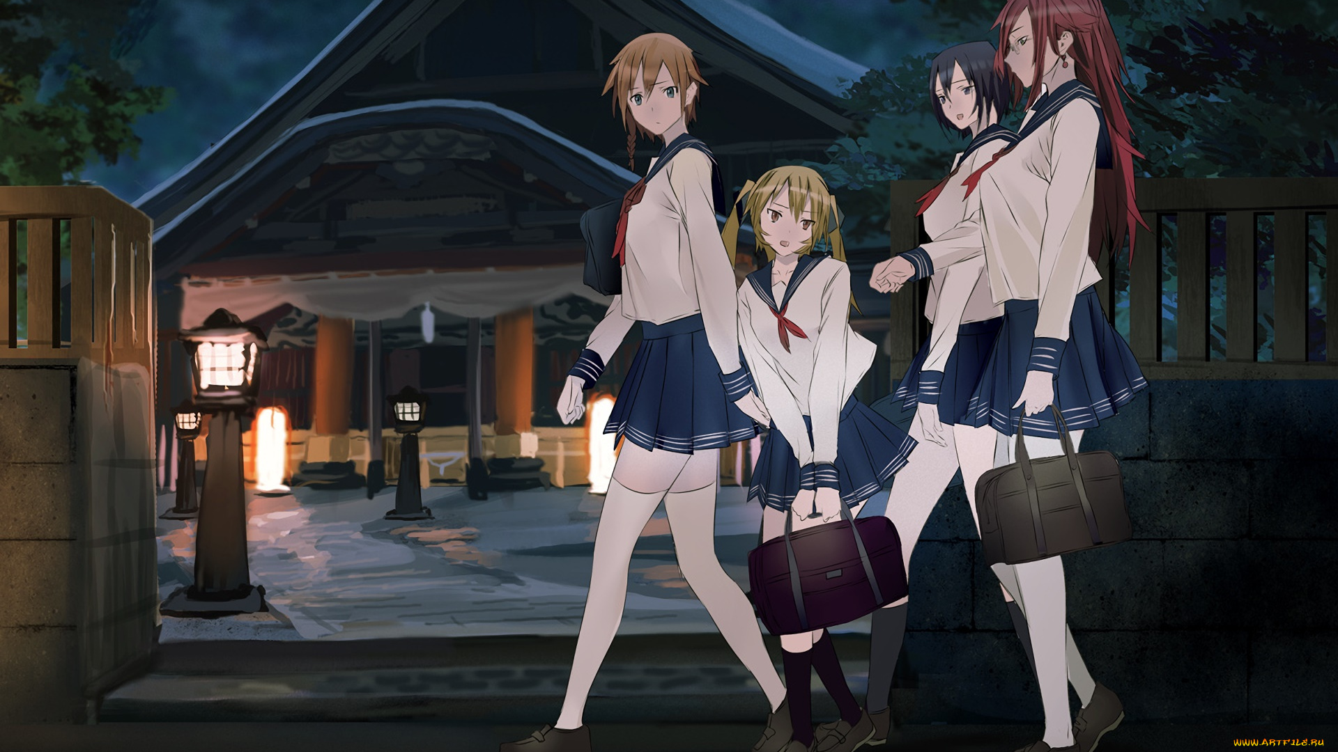 аниме, город, , улицы, , здания, девушки, взгляд, фон