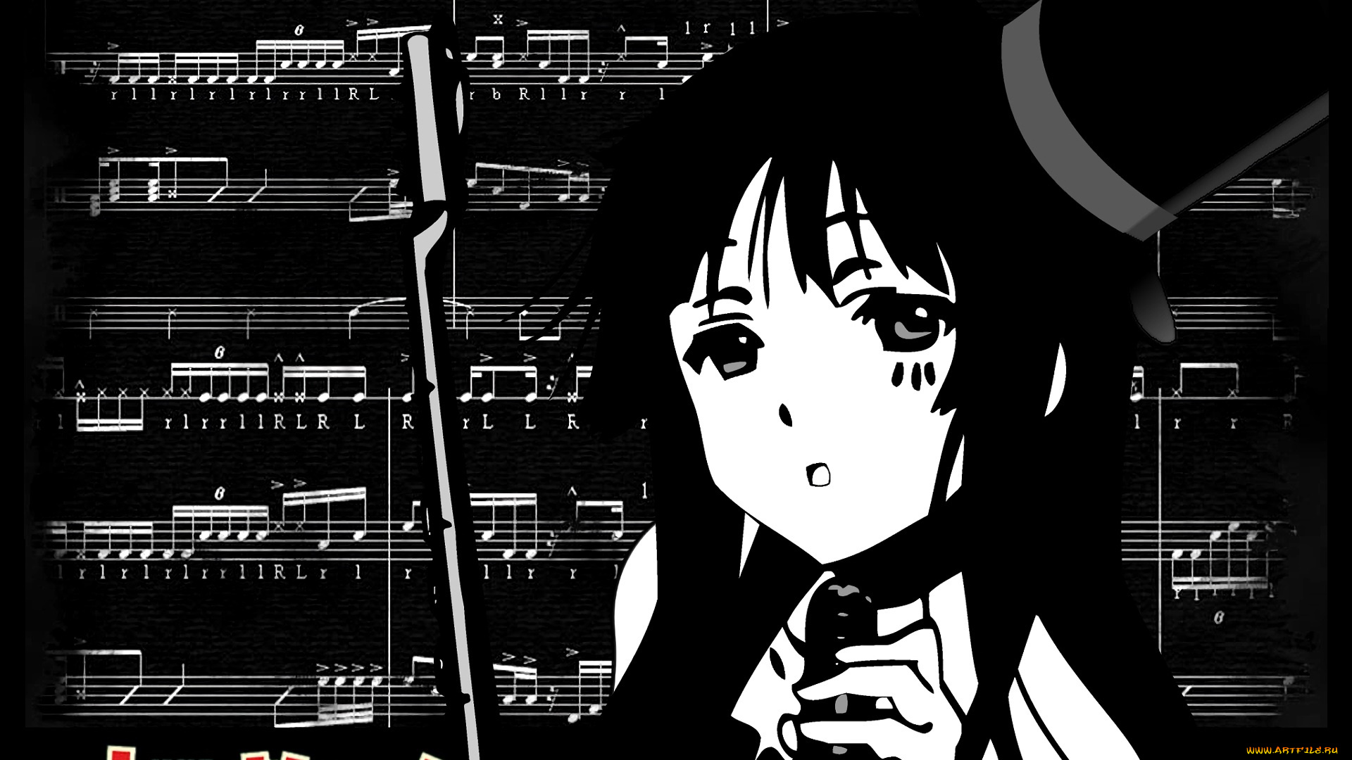 аниме, k-on, девушка, взгляд, фон