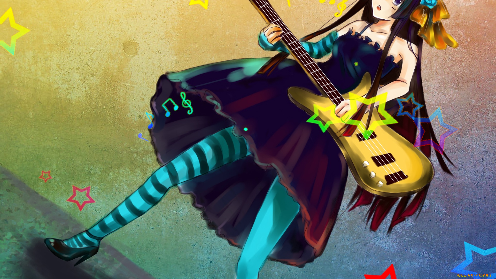 аниме, k-on, девушка, взгляд, фон