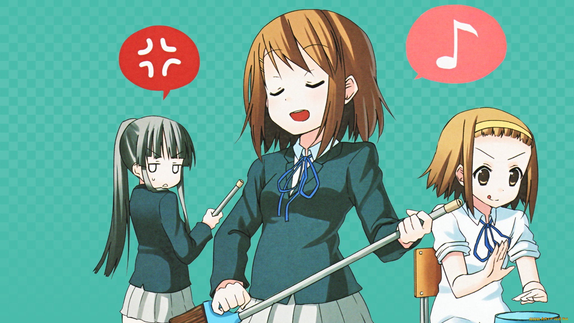 аниме, k-on, девушки, взгляд, фон