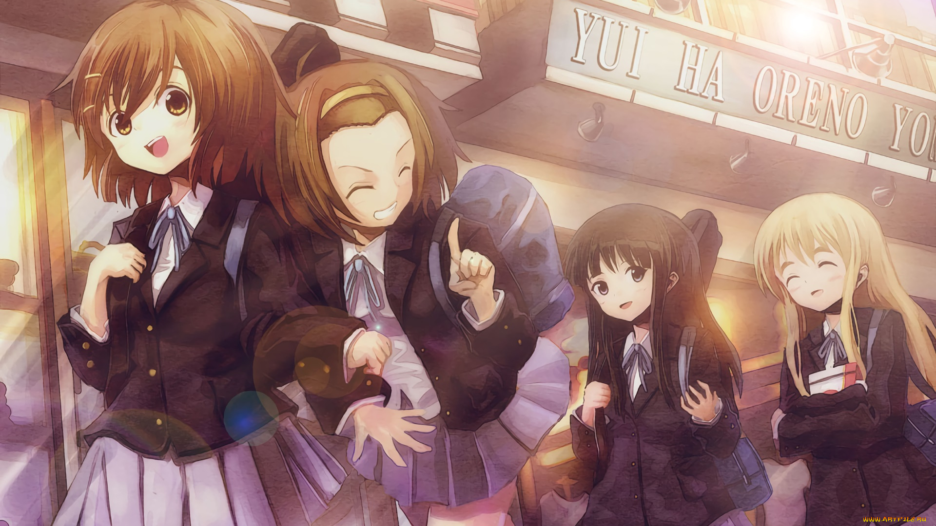 аниме, k-on, девушки, взгляд, фон