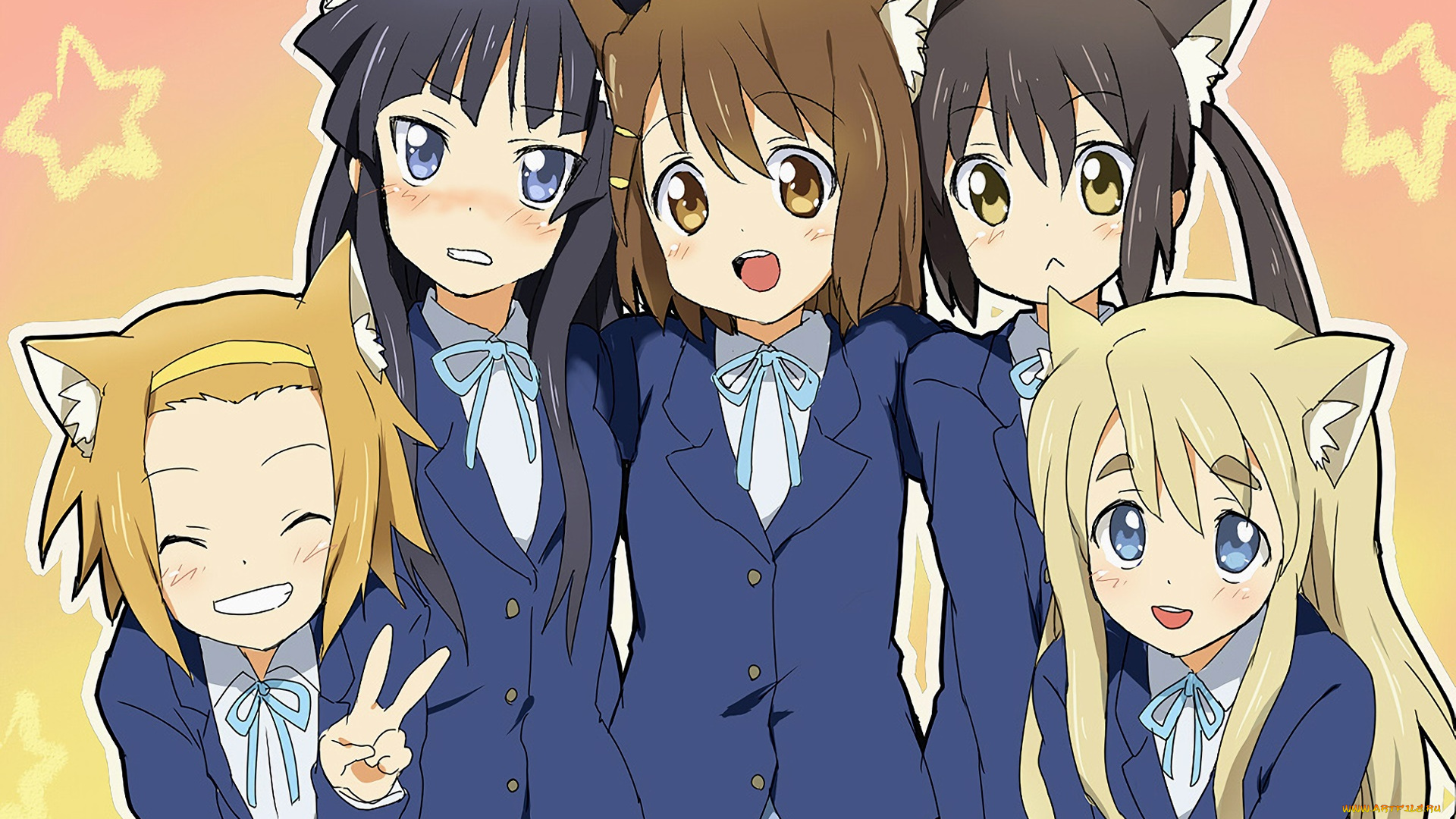 аниме, k-on, девушки, взгляд, фон