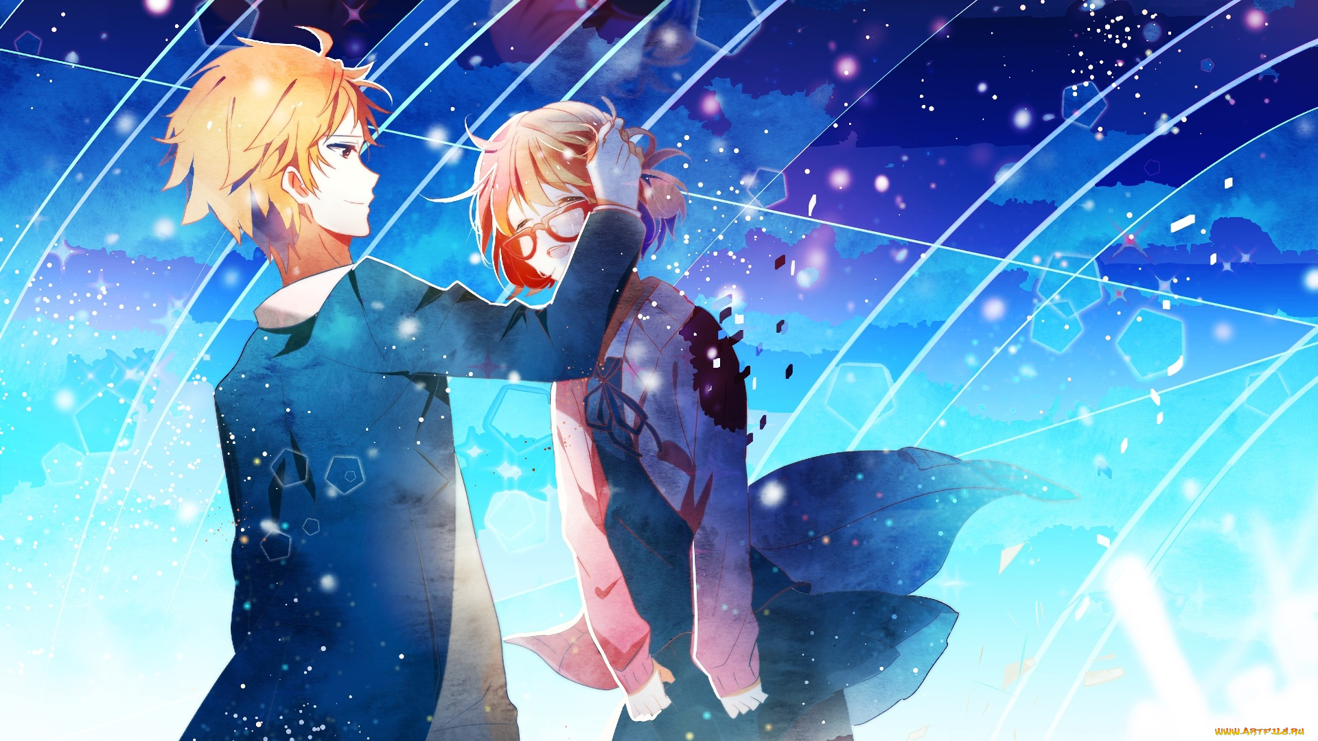 аниме, kyoukai, no, kanata, девушка, парень, взгляд, фон