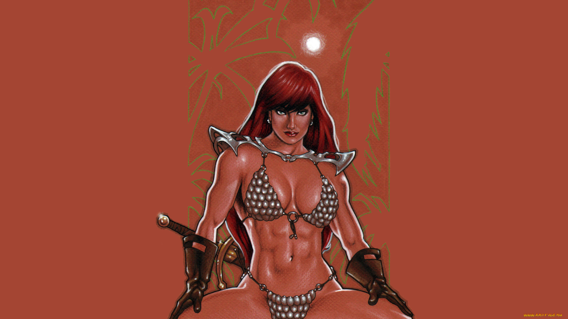 рисованное, комиксы, фон, меч, девушка, взгляд, кольчуга